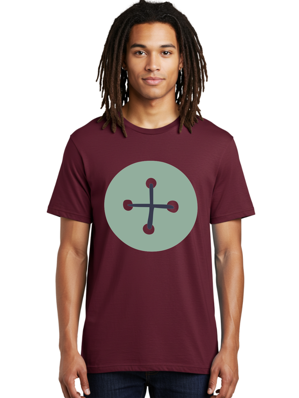 Button Men'S Graphic Tee, 100% Cotton, Comfortable Casual Summer Wear, Machine Washable, Dark Gray Plus Sign, Gray Circle, Green Dots, Simple Graphic, Minimalist Design, Geometric Shape, Abstract Art Aac005