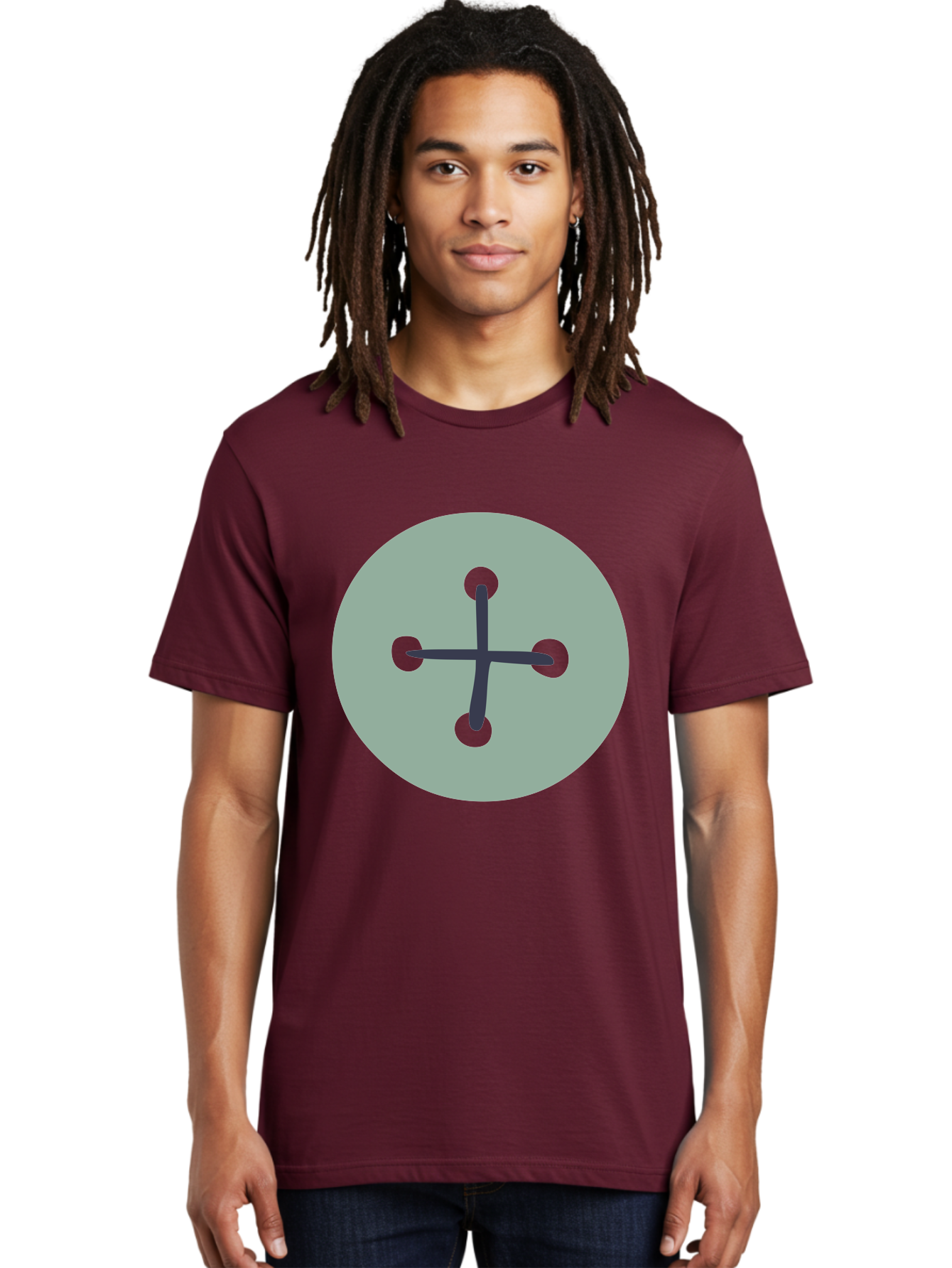 Button Men'S Graphic Tee, 100% Cotton, Comfortable Casual Summer Wear, Machine Washable, Dark Gray Plus Sign, Gray Circle, Green Dots, Simple Graphic, Minimalist Design, Geometric Shape, Abstract Art Aac005