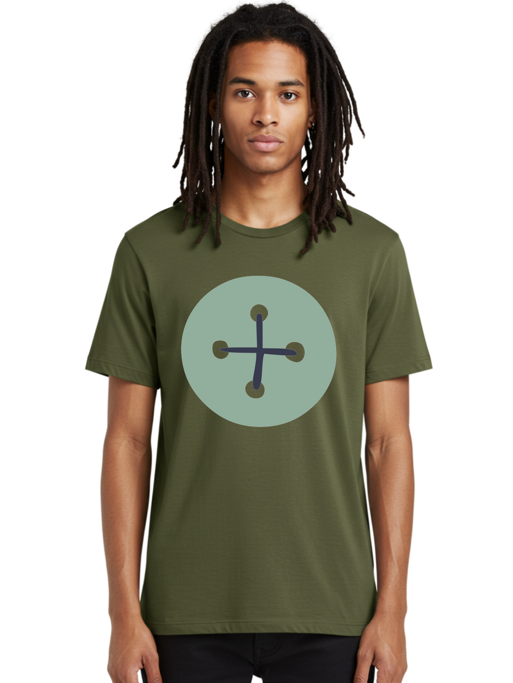 Button Men'S Graphic Tee, 100% Cotton, Comfortable Casual Summer Wear, Machine Washable, Dark Gray Plus Sign, Gray Circle, Green Dots, Simple Graphic, Minimalist Design, Geometric Shape, Abstract Art Aac005
