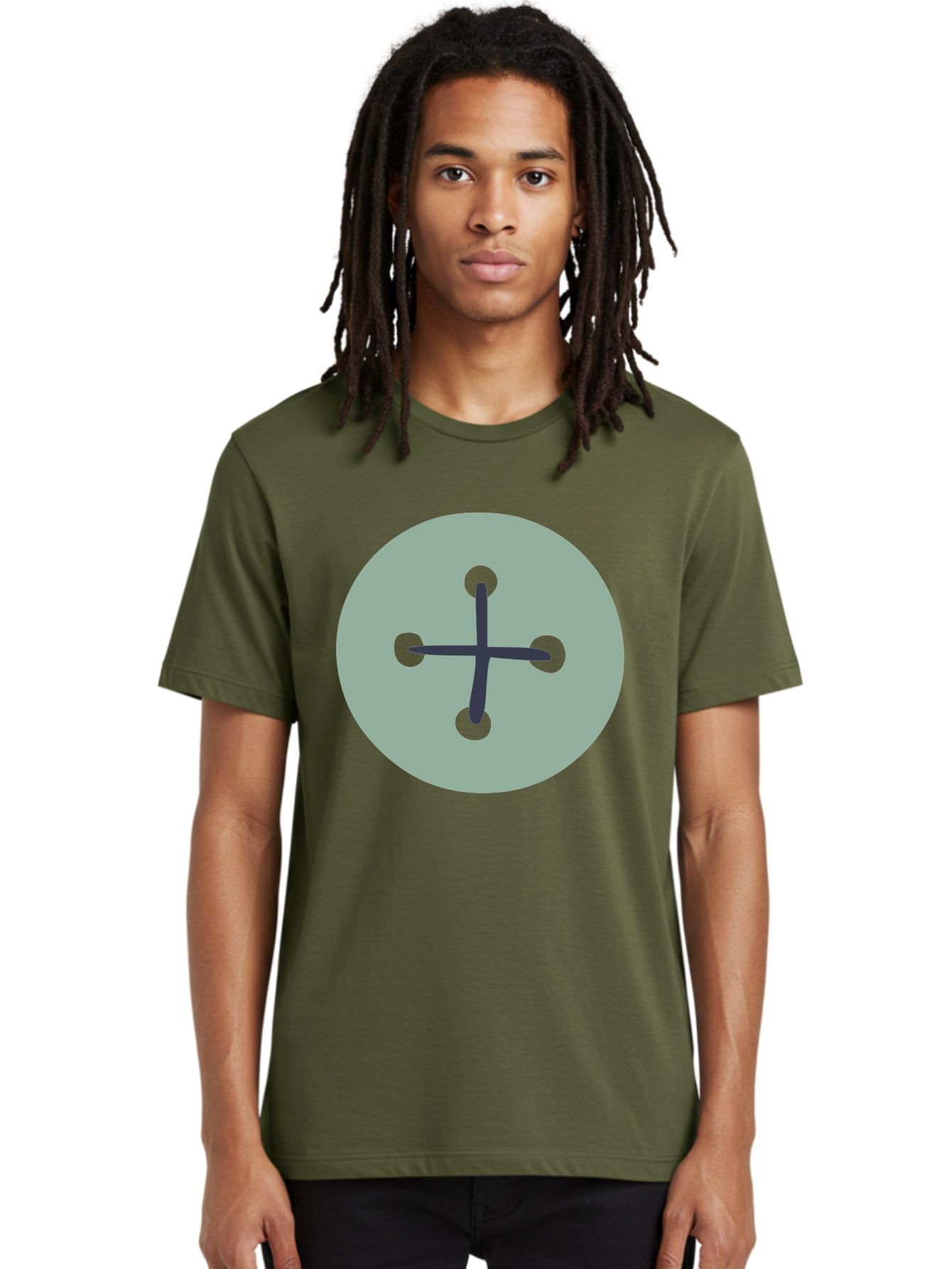Button Men'S Graphic Tee, 100% Cotton, Comfortable Casual Summer Wear, Machine Washable, Dark Gray Plus Sign, Gray Circle, Green Dots, Simple Graphic, Minimalist Design, Geometric Shape, Abstract Art Aac005