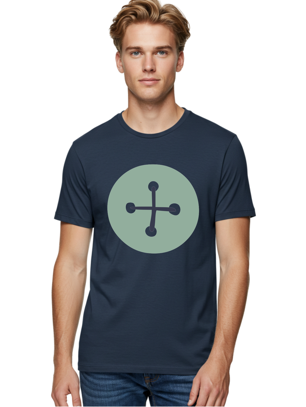 Button Men'S Graphic Tee, 100% Cotton, Comfortable Casual Summer Wear, Machine Washable, Dark Gray Plus Sign, Gray Circle, Green Dots, Simple Graphic, Minimalist Design, Geometric Shape, Abstract Art Aac005
