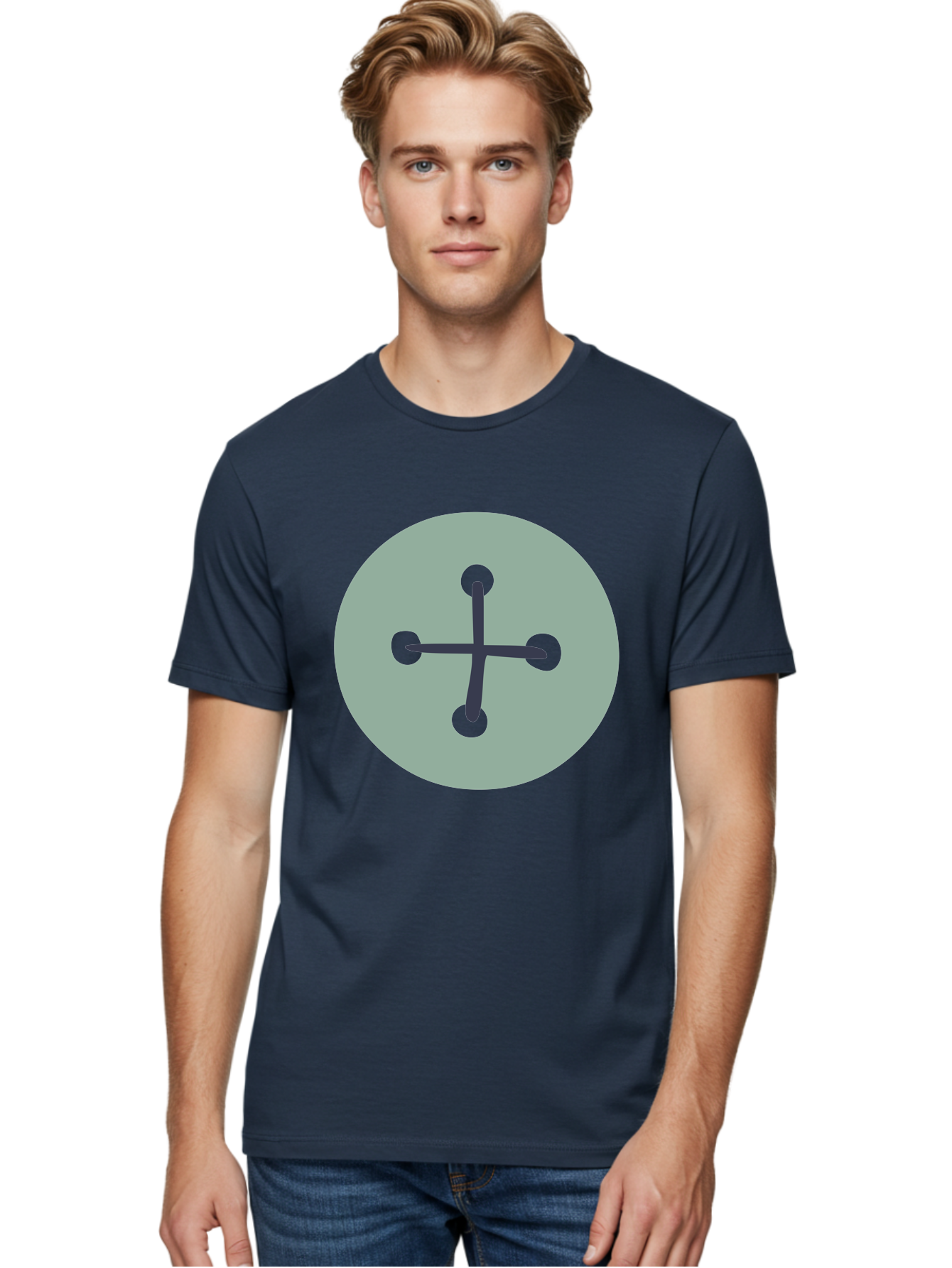 Button Men'S Graphic Tee, 100% Cotton, Comfortable Casual Summer Wear, Machine Washable, Dark Gray Plus Sign, Gray Circle, Green Dots, Simple Graphic, Minimalist Design, Geometric Shape, Abstract Art Aac005