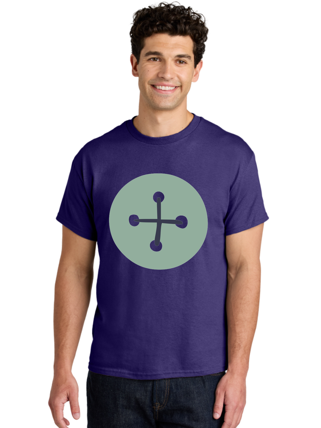 Button Men'S Graphic Tee, 100% Cotton, Comfortable Casual Summer Wear, Machine Washable, Dark Gray Plus Sign, Gray Circle, Green Dots, Simple Graphic, Minimalist Design, Geometric Shape, Abstract Art Aac005