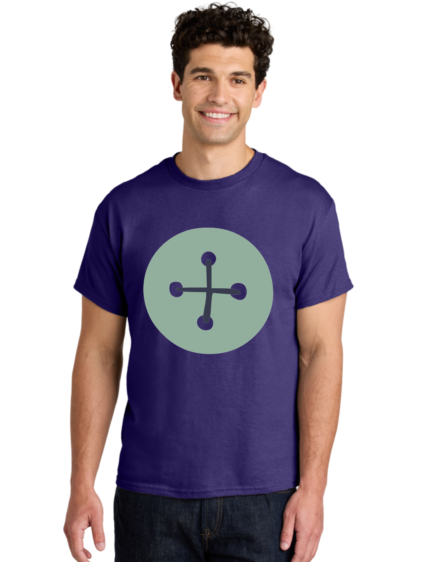 Button Men'S Graphic Tee, 100% Cotton, Comfortable Casual Summer Wear, Machine Washable, Dark Gray Plus Sign, Gray Circle, Green Dots, Simple Graphic, Minimalist Design, Geometric Shape, Abstract Art Aac005