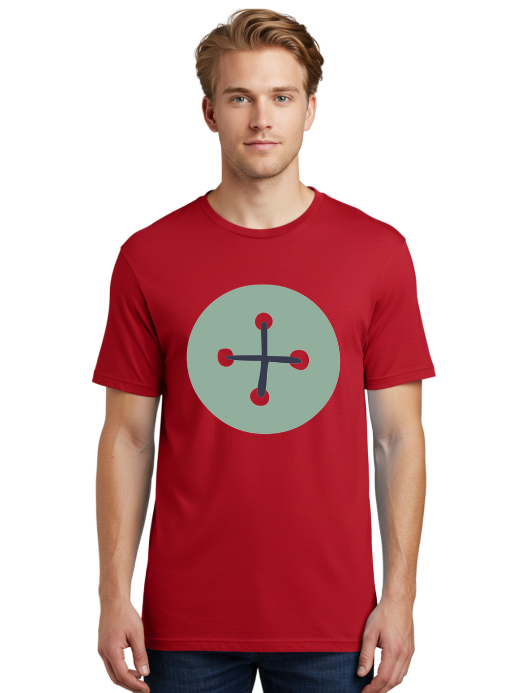 Button Men'S Graphic Tee, 100% Cotton, Comfortable Casual Summer Wear, Machine Washable, Dark Gray Plus Sign, Gray Circle, Green Dots, Simple Graphic, Minimalist Design, Geometric Shape, Abstract Art Aac005