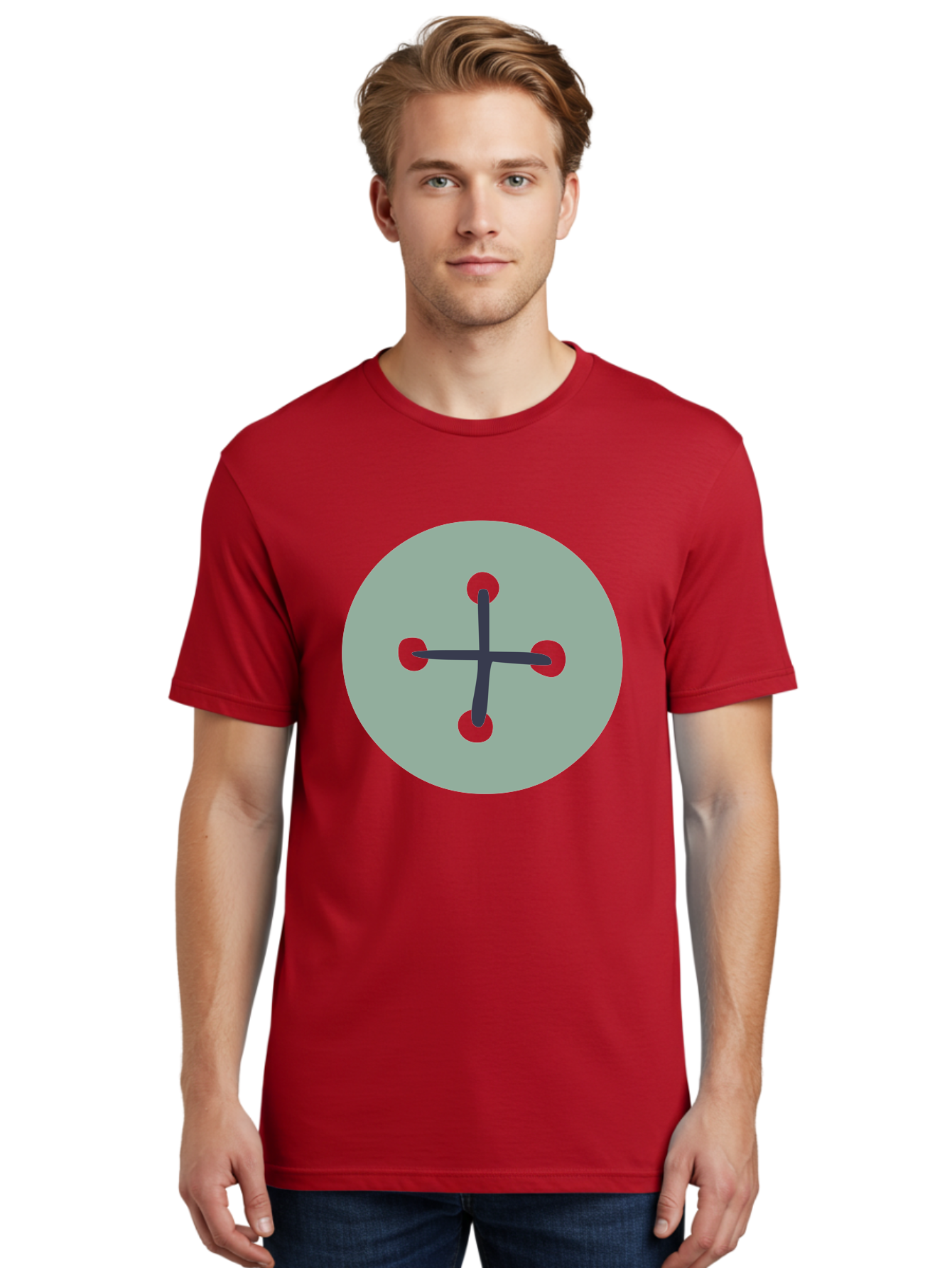 Button Men'S Graphic Tee, 100% Cotton, Comfortable Casual Summer Wear, Machine Washable, Dark Gray Plus Sign, Gray Circle, Green Dots, Simple Graphic, Minimalist Design, Geometric Shape, Abstract Art Aac005