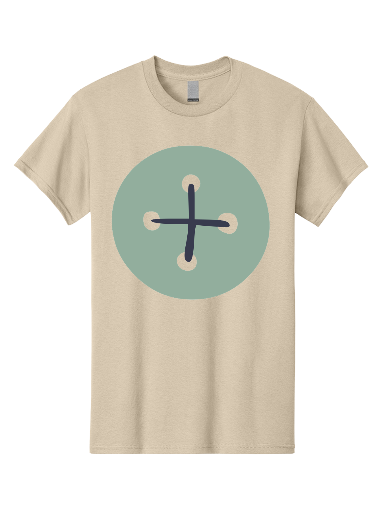 Button Men'S Graphic Tee, 100% Cotton, Comfortable Casual Summer Wear, Machine Washable, Dark Gray Plus Sign, Gray Circle, Green Dots, Simple Graphic, Minimalist Design, Geometric Shape, Abstract Art Aac005