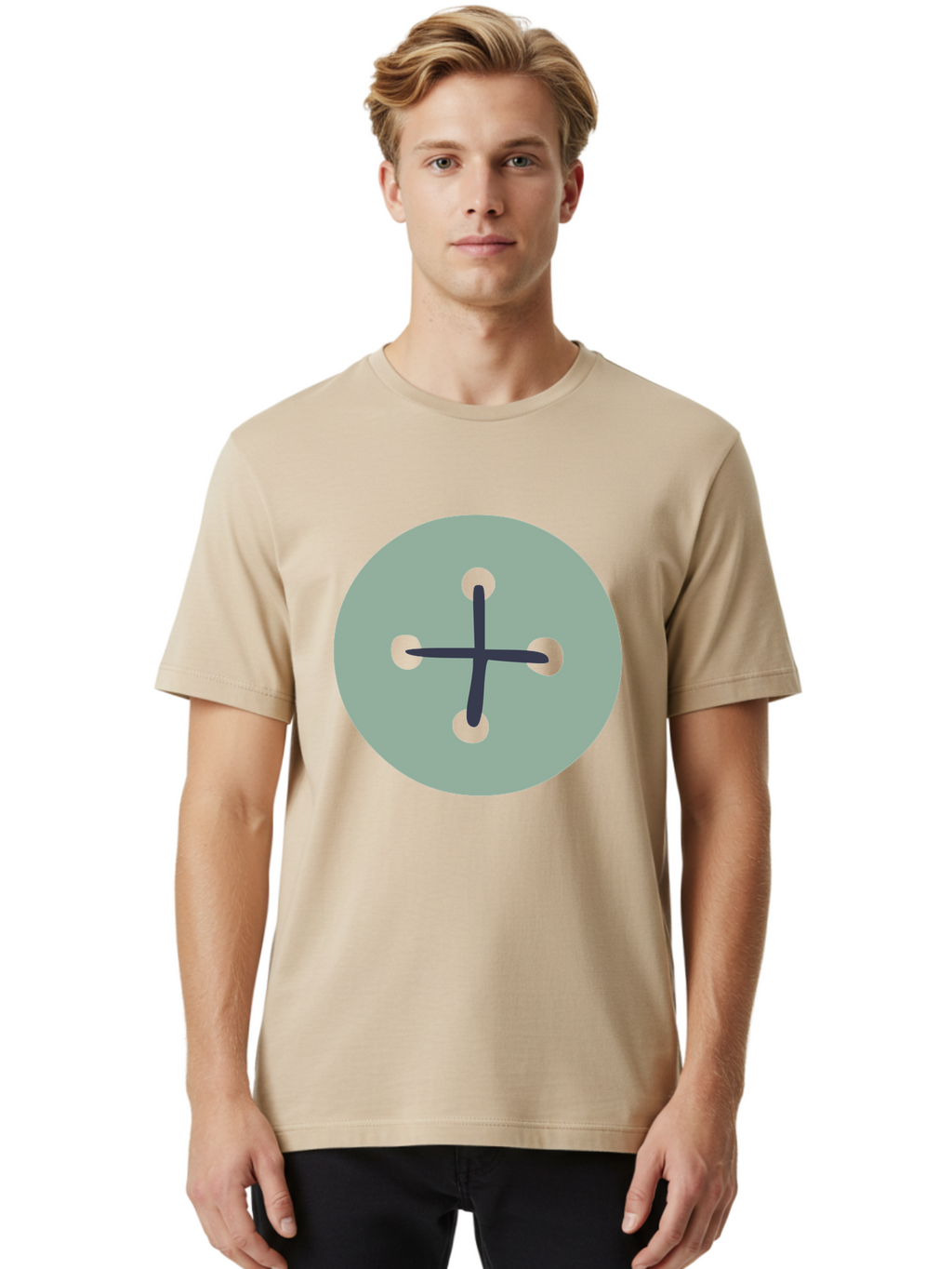 Button Men'S Graphic Tee, 100% Cotton, Comfortable Casual Summer Wear, Machine Washable, Dark Gray Plus Sign, Gray Circle, Green Dots, Simple Graphic, Minimalist Design, Geometric Shape, Abstract Art Aac005