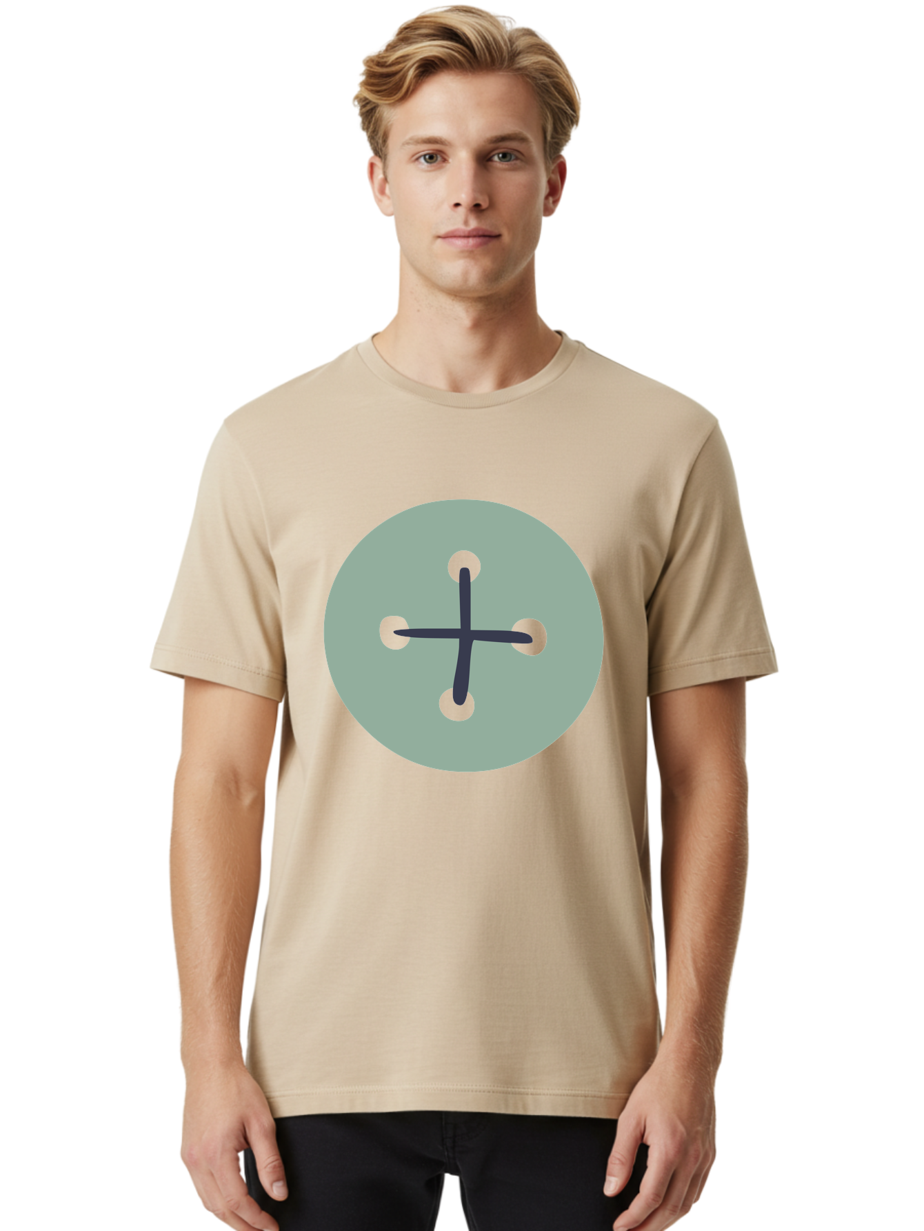 Button Men'S Graphic Tee, 100% Cotton, Comfortable Casual Summer Wear, Machine Washable, Dark Gray Plus Sign, Gray Circle, Green Dots, Simple Graphic, Minimalist Design, Geometric Shape, Abstract Art Aac005