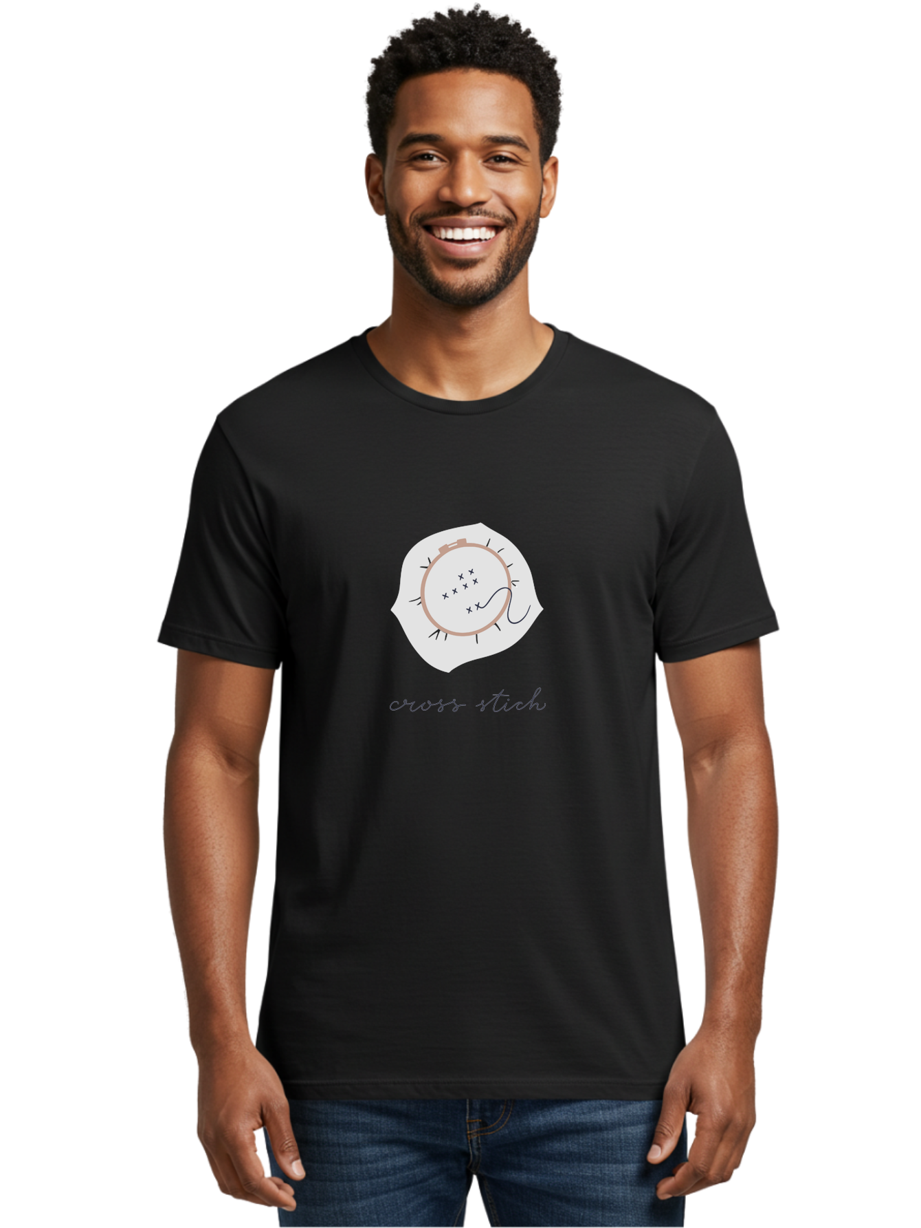 Cross-Stitch-1 Men'S Graphic Tee, 100% Cotton, Comfortable Casual Summer Wear, Machine Washable, Embroidery Hoop, Cross Stitch Pattern, Needlework Art, Hand-Stitched Design, Black Thread, Needle And Thread, Embroidery Inspiration, Aac010