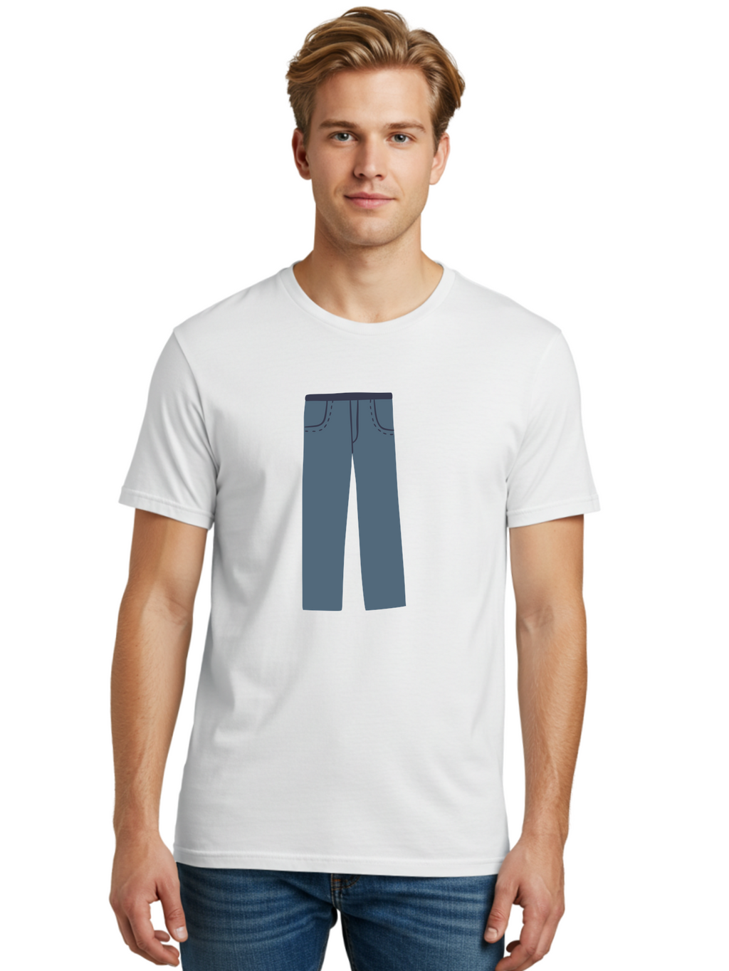 Dark-Blue-Jeans Men'S Graphic Tee, 100% Cotton, Comfortable Casual Summer Wear, Machine Washable, Gray Trousers, Straight Leg Pants, Simple Design, Minimalist Style, Fashion Illustration, Clothing Graphic, Dark Gray Color Aac014
