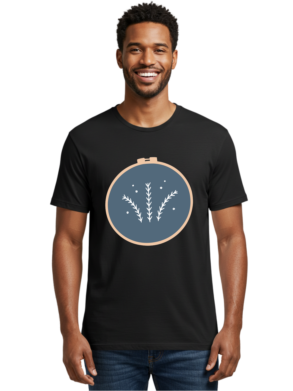 Embroidery-Hoop-1 Men'S Graphic Tee, 100% Cotton, Comfortable Casual Summer Wear, Machine Washable, Embroidery Hoop, White Branches, Gray Fabric, Stitching Pattern, Embroidery Design, Needlework, Handmade Craft, Decorative Art Aac026