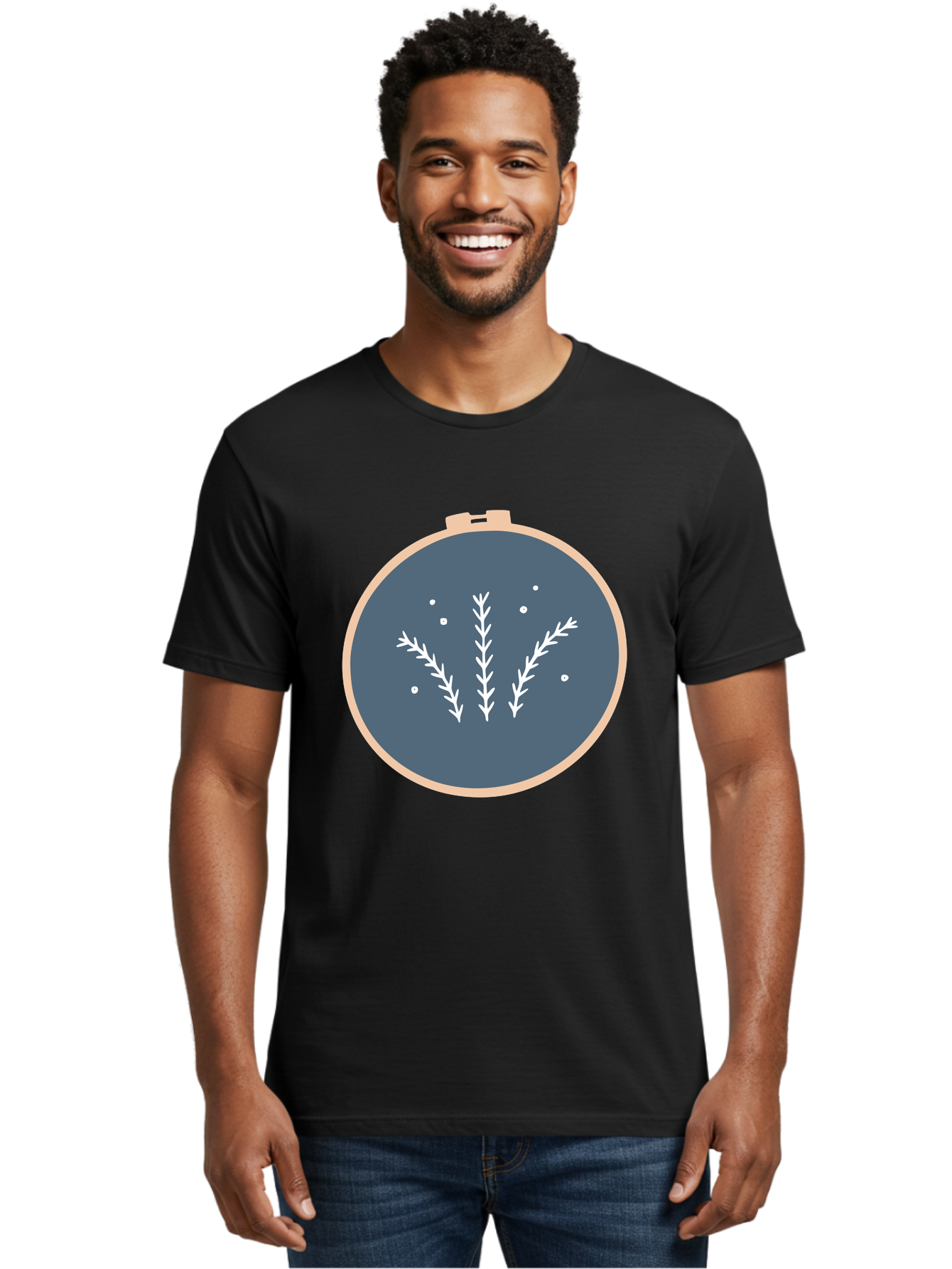 Embroidery-Hoop-1 Men'S Graphic Tee, 100% Cotton, Comfortable Casual Summer Wear, Machine Washable, Embroidery Hoop, White Branches, Gray Fabric, Stitching Pattern, Embroidery Design, Needlework, Handmade Craft, Decorative Art Aac026