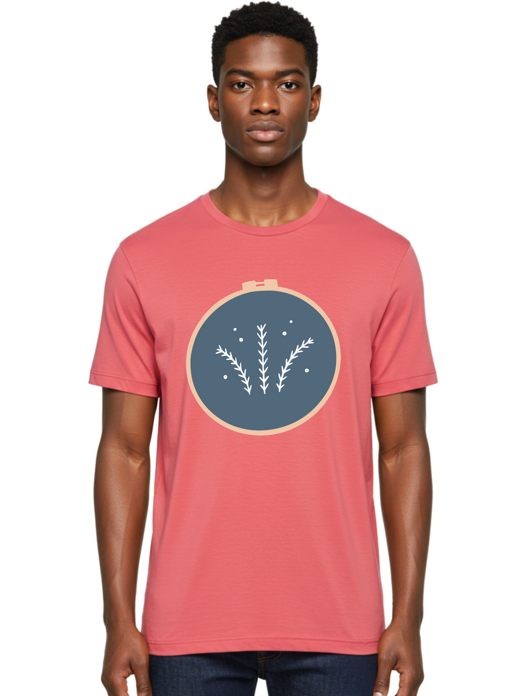 Embroidery-Hoop-1 Men'S Graphic Tee, 100% Cotton, Comfortable Casual Summer Wear, Machine Washable, Embroidery Hoop, White Branches, Gray Fabric, Stitching Pattern, Embroidery Design, Needlework, Handmade Craft, Decorative Art Aac026