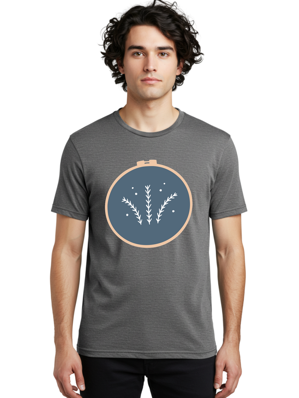 Embroidery-Hoop-1 Men'S Graphic Tee, 100% Cotton, Comfortable Casual Summer Wear, Machine Washable, Embroidery Hoop, White Branches, Gray Fabric, Stitching Pattern, Embroidery Design, Needlework, Handmade Craft, Decorative Art Aac026