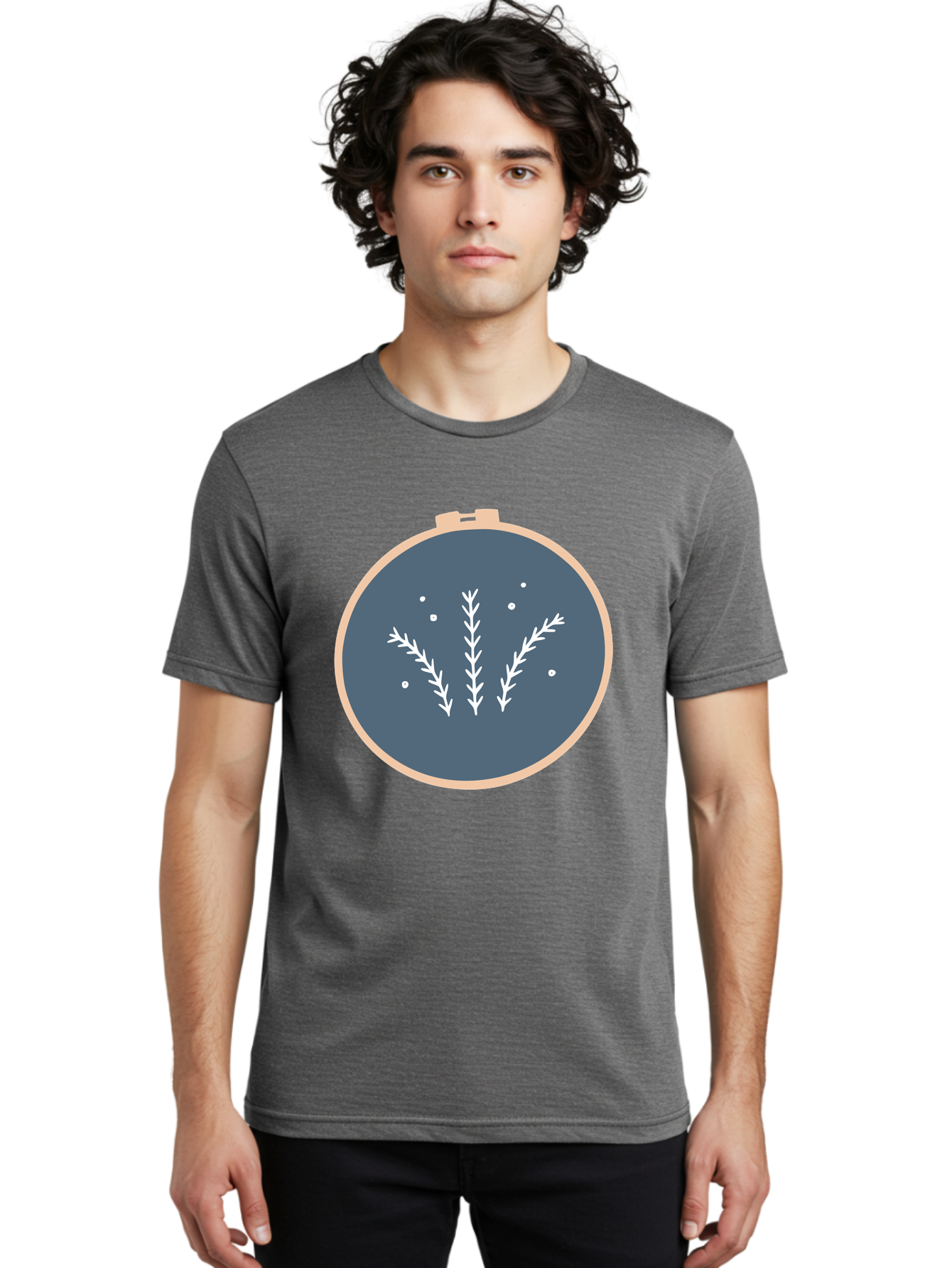 Embroidery-Hoop-1 Men'S Graphic Tee, 100% Cotton, Comfortable Casual Summer Wear, Machine Washable, Embroidery Hoop, White Branches, Gray Fabric, Stitching Pattern, Embroidery Design, Needlework, Handmade Craft, Decorative Art Aac026