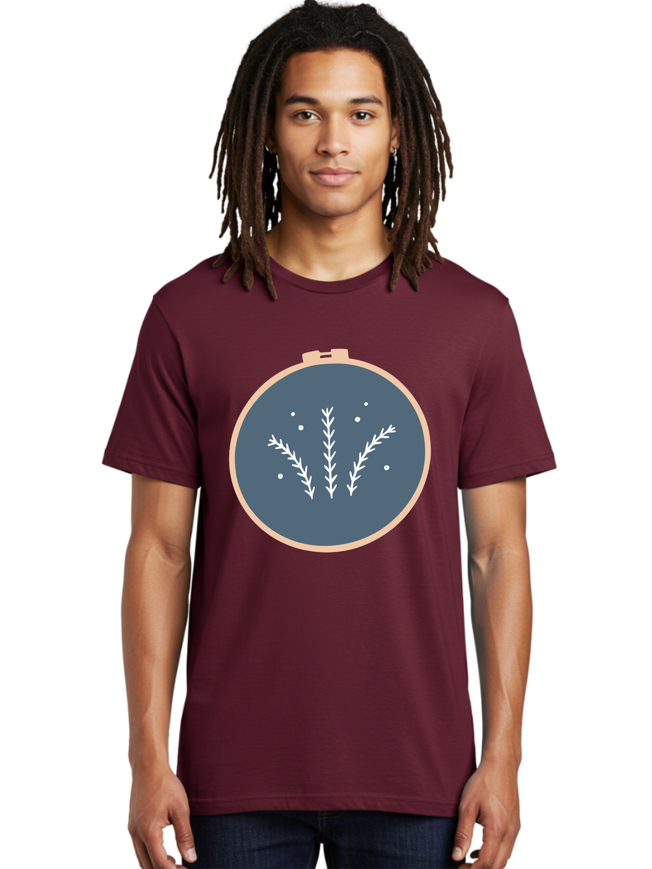 Embroidery-Hoop-1 Men'S Graphic Tee, 100% Cotton, Comfortable Casual Summer Wear, Machine Washable, Embroidery Hoop, White Branches, Gray Fabric, Stitching Pattern, Embroidery Design, Needlework, Handmade Craft, Decorative Art Aac026