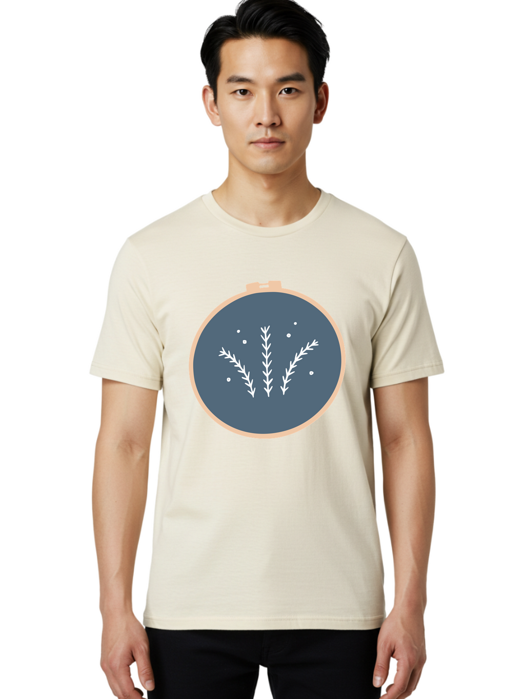 Embroidery-Hoop-1 Men'S Graphic Tee, 100% Cotton, Comfortable Casual Summer Wear, Machine Washable, Embroidery Hoop, White Branches, Gray Fabric, Stitching Pattern, Embroidery Design, Needlework, Handmade Craft, Decorative Art Aac026