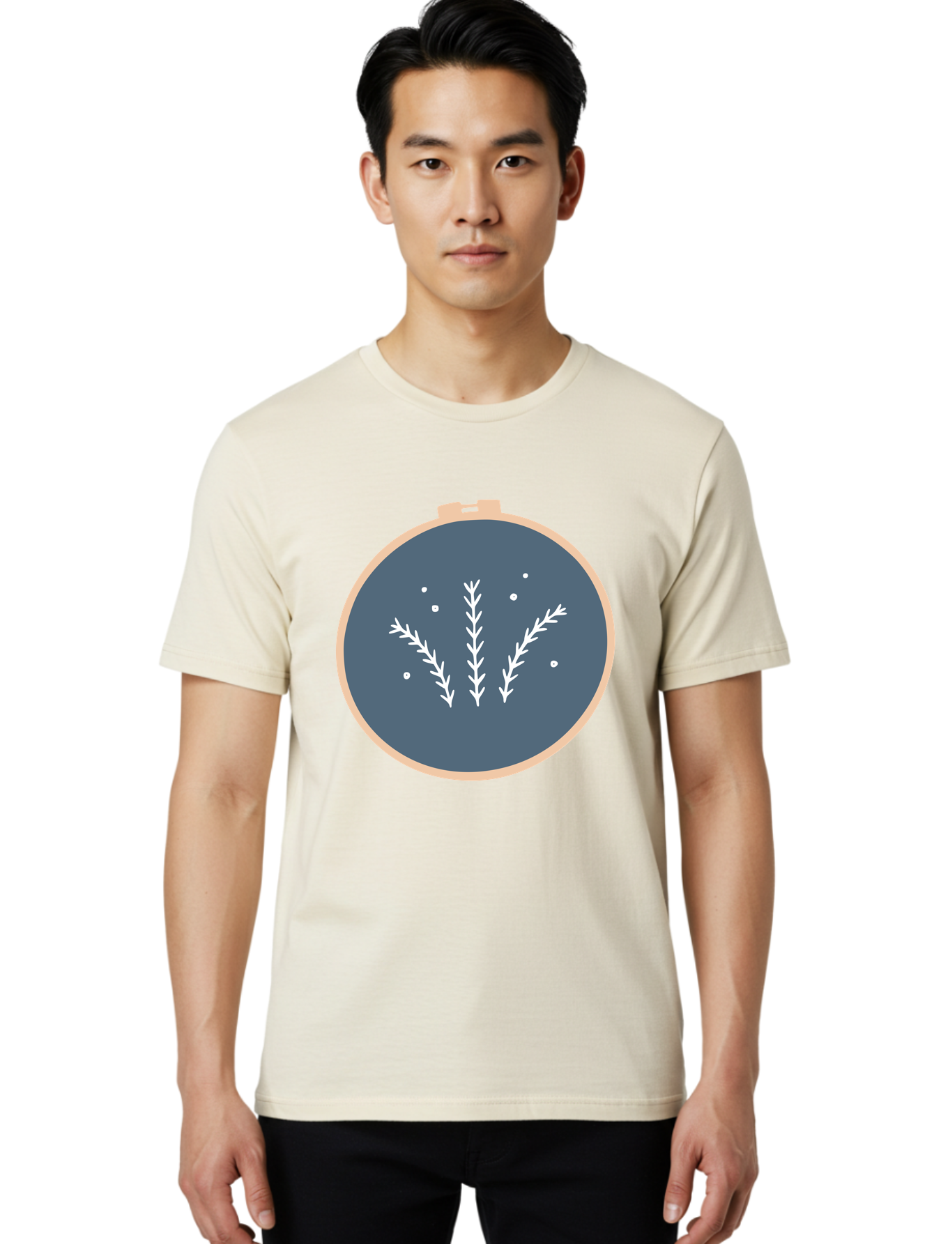 Embroidery-Hoop-1 Men'S Graphic Tee, 100% Cotton, Comfortable Casual Summer Wear, Machine Washable, Embroidery Hoop, White Branches, Gray Fabric, Stitching Pattern, Embroidery Design, Needlework, Handmade Craft, Decorative Art Aac026