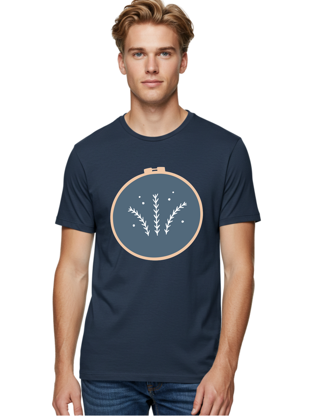 Embroidery-Hoop-1 Men'S Graphic Tee, 100% Cotton, Comfortable Casual Summer Wear, Machine Washable, Embroidery Hoop, White Branches, Gray Fabric, Stitching Pattern, Embroidery Design, Needlework, Handmade Craft, Decorative Art Aac026