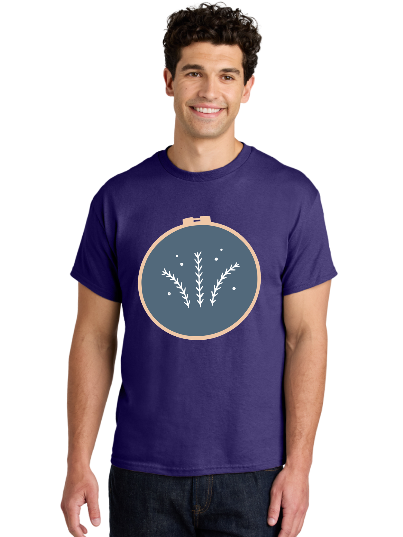 Embroidery-Hoop-1 Men'S Graphic Tee, 100% Cotton, Comfortable Casual Summer Wear, Machine Washable, Embroidery Hoop, White Branches, Gray Fabric, Stitching Pattern, Embroidery Design, Needlework, Handmade Craft, Decorative Art Aac026