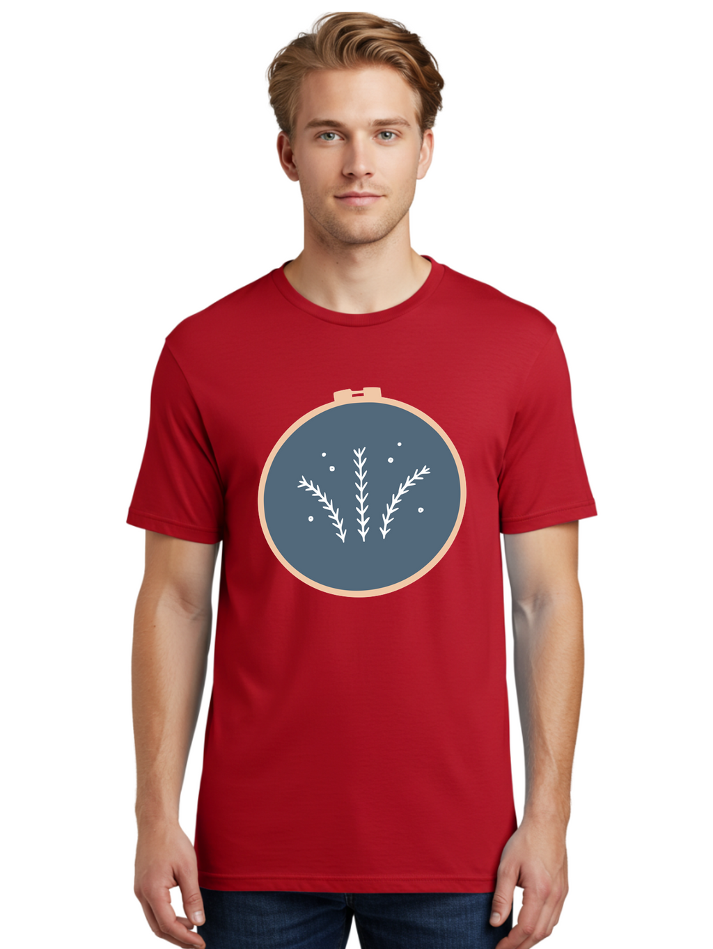 Embroidery-Hoop-1 Men'S Graphic Tee, 100% Cotton, Comfortable Casual Summer Wear, Machine Washable, Embroidery Hoop, White Branches, Gray Fabric, Stitching Pattern, Embroidery Design, Needlework, Handmade Craft, Decorative Art Aac026