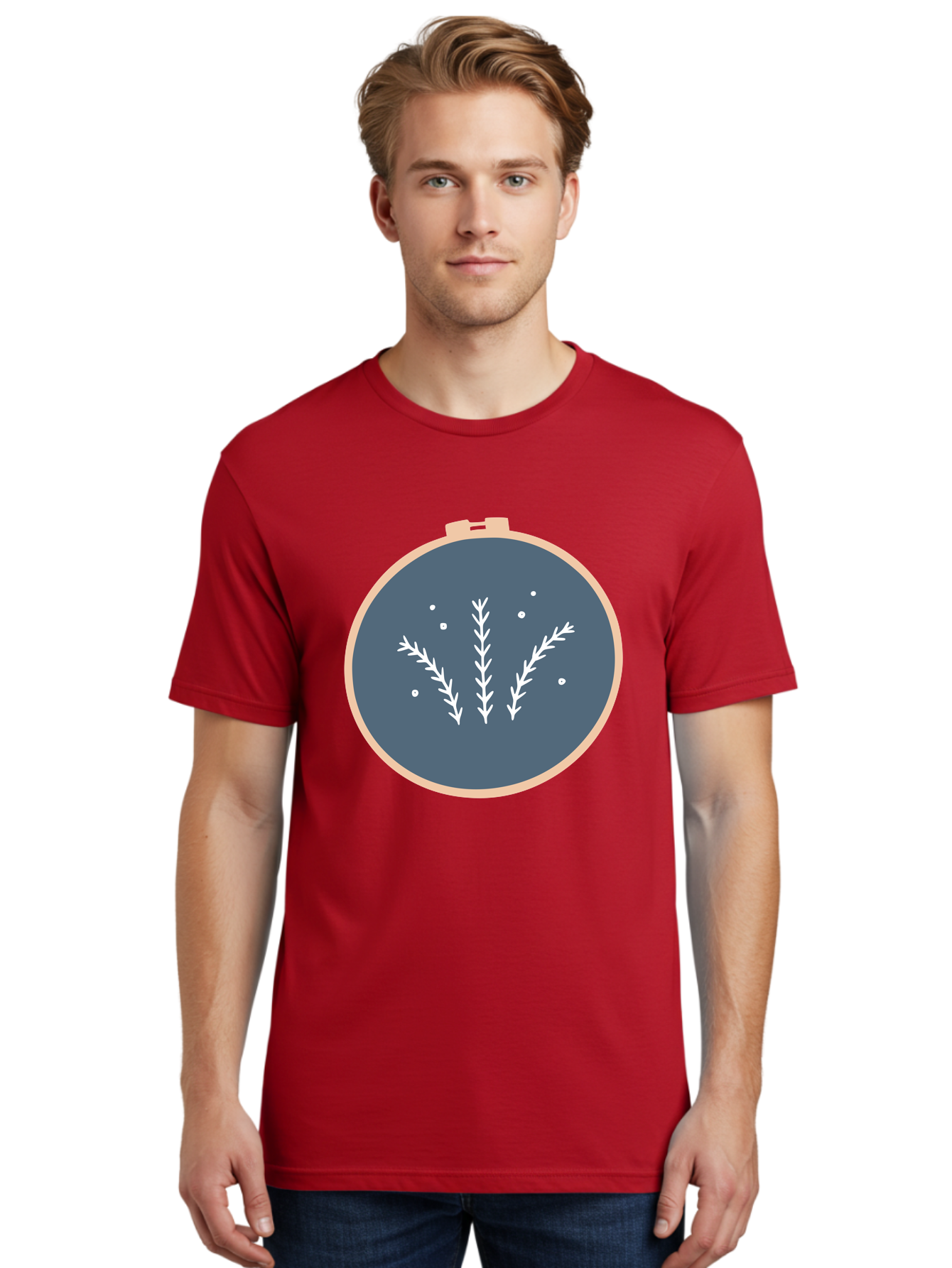 Embroidery-Hoop-1 Men'S Graphic Tee, 100% Cotton, Comfortable Casual Summer Wear, Machine Washable, Embroidery Hoop, White Branches, Gray Fabric, Stitching Pattern, Embroidery Design, Needlework, Handmade Craft, Decorative Art Aac026