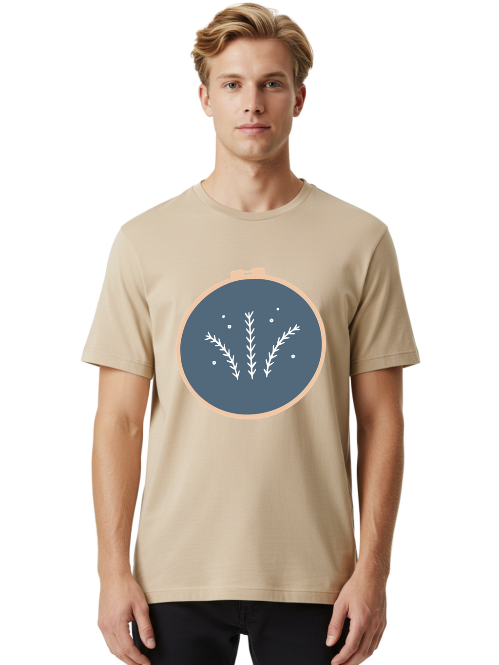 Embroidery-Hoop-1 Men'S Graphic Tee, 100% Cotton, Comfortable Casual Summer Wear, Machine Washable, Embroidery Hoop, White Branches, Gray Fabric, Stitching Pattern, Embroidery Design, Needlework, Handmade Craft, Decorative Art Aac026