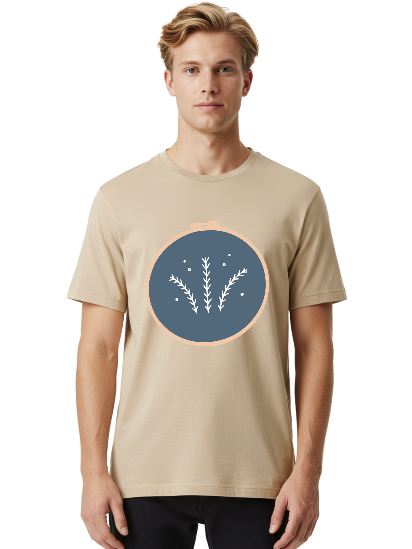 Embroidery-Hoop-1 Men'S Graphic Tee, 100% Cotton, Comfortable Casual Summer Wear, Machine Washable, Embroidery Hoop, White Branches, Gray Fabric, Stitching Pattern, Embroidery Design, Needlework, Handmade Craft, Decorative Art Aac026