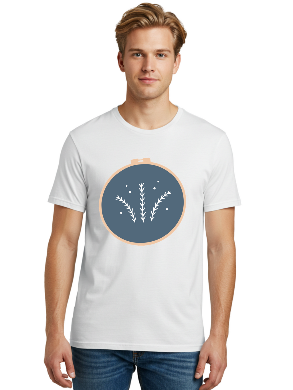 Embroidery-Hoop-1 Men'S Graphic Tee, 100% Cotton, Comfortable Casual Summer Wear, Machine Washable, Embroidery Hoop, White Branches, Gray Fabric, Stitching Pattern, Embroidery Design, Needlework, Handmade Craft, Decorative Art Aac026