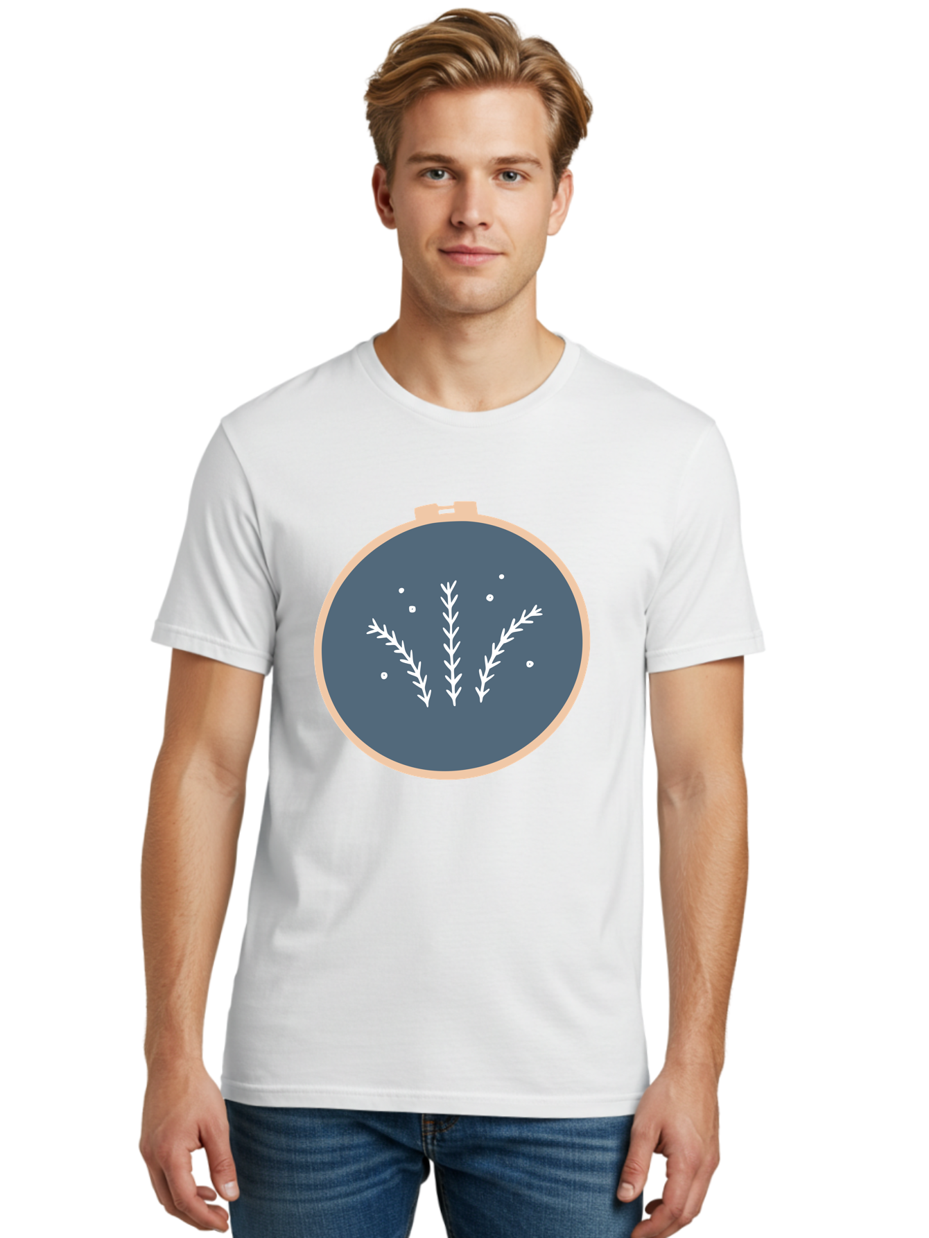 Embroidery-Hoop-1 Men'S Graphic Tee, 100% Cotton, Comfortable Casual Summer Wear, Machine Washable, Embroidery Hoop, White Branches, Gray Fabric, Stitching Pattern, Embroidery Design, Needlework, Handmade Craft, Decorative Art Aac026