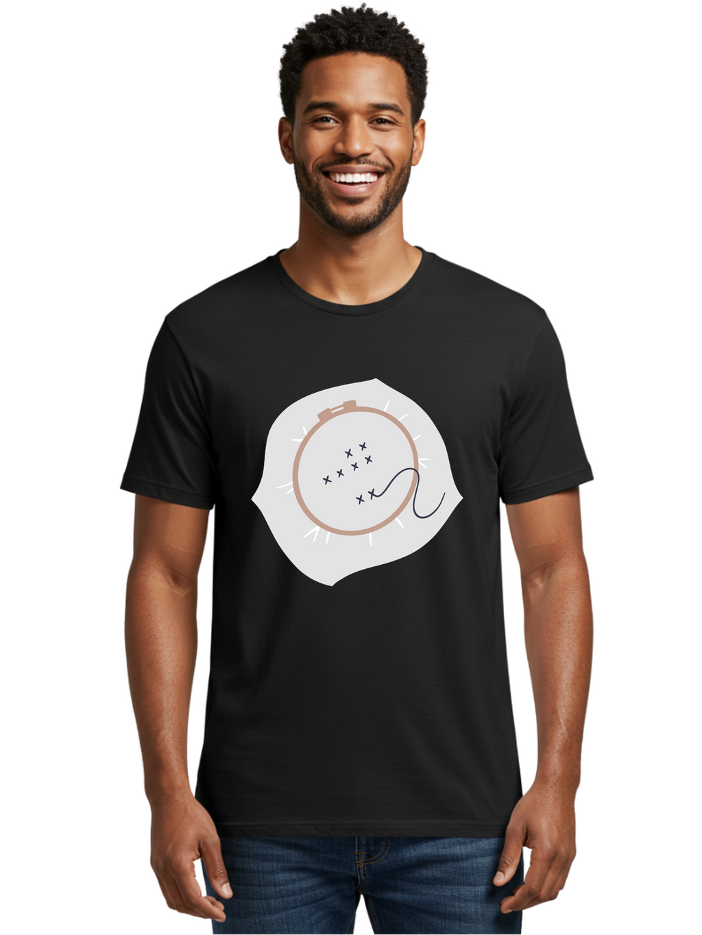 Embroidery-Hoop Men'S Graphic Tee, 100% Cotton, Comfortable Casual Summer Wear, Machine Washable, Embroidery Hoop, Stitching, Needlework, Sewing, Crafting, Diy Project, Handmade, Cross-Stitch Pattern, Thread, Fabric Art Aac027