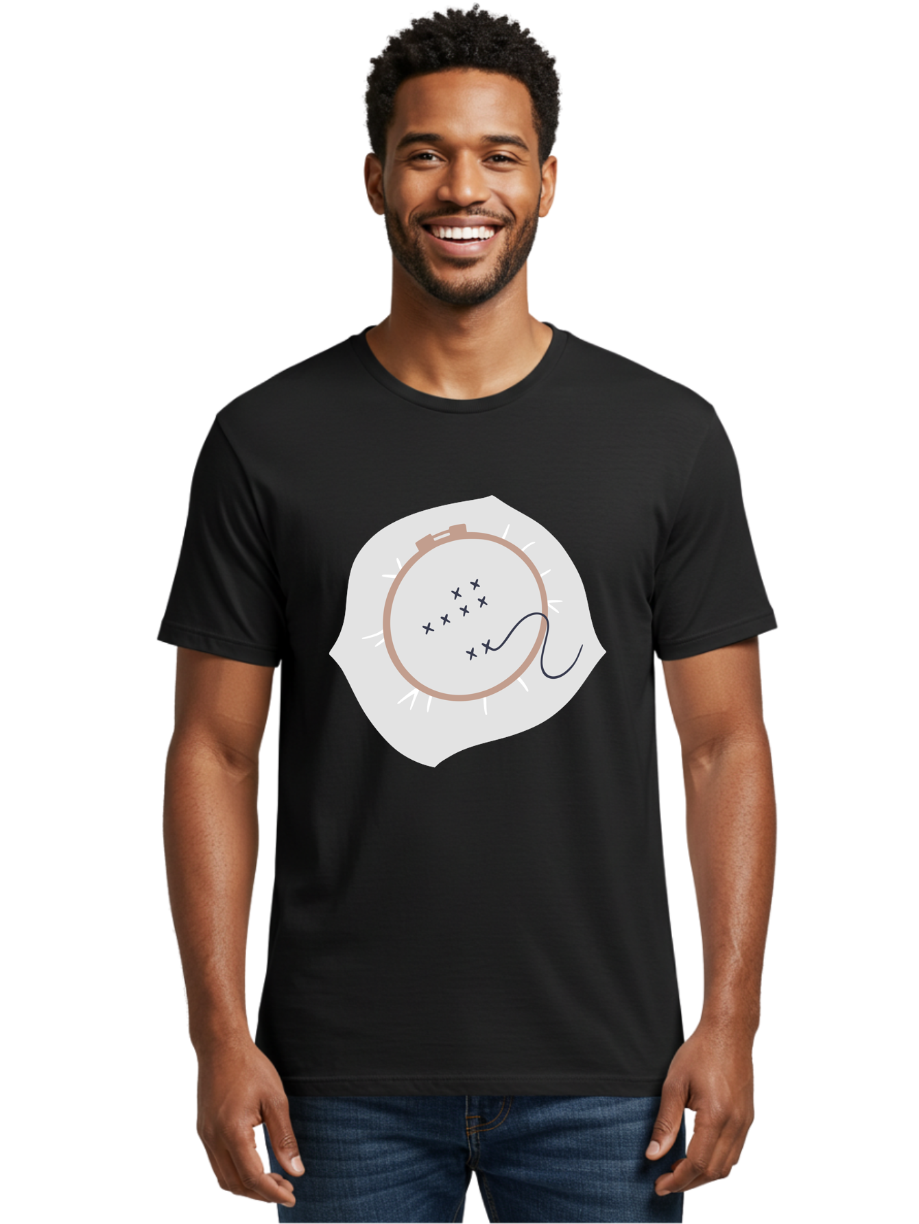 Embroidery-Hoop Men'S Graphic Tee, 100% Cotton, Comfortable Casual Summer Wear, Machine Washable, Embroidery Hoop, Stitching, Needlework, Sewing, Crafting, Diy Project, Handmade, Cross-Stitch Pattern, Thread, Fabric Art Aac027