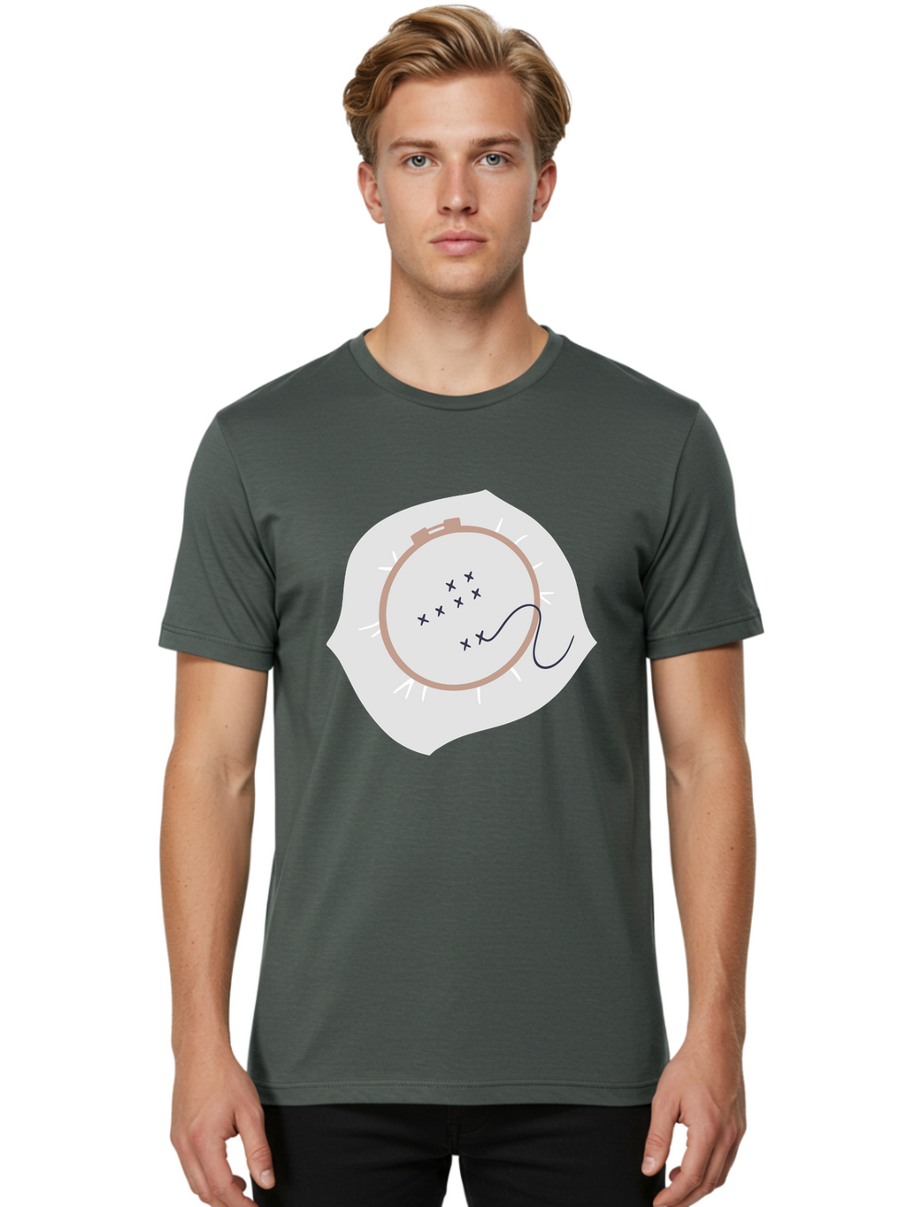 Embroidery-Hoop Men'S Graphic Tee, 100% Cotton, Comfortable Casual Summer Wear, Machine Washable, Embroidery Hoop, Stitching, Needlework, Sewing, Crafting, Diy Project, Handmade, Cross-Stitch Pattern, Thread, Fabric Art Aac027