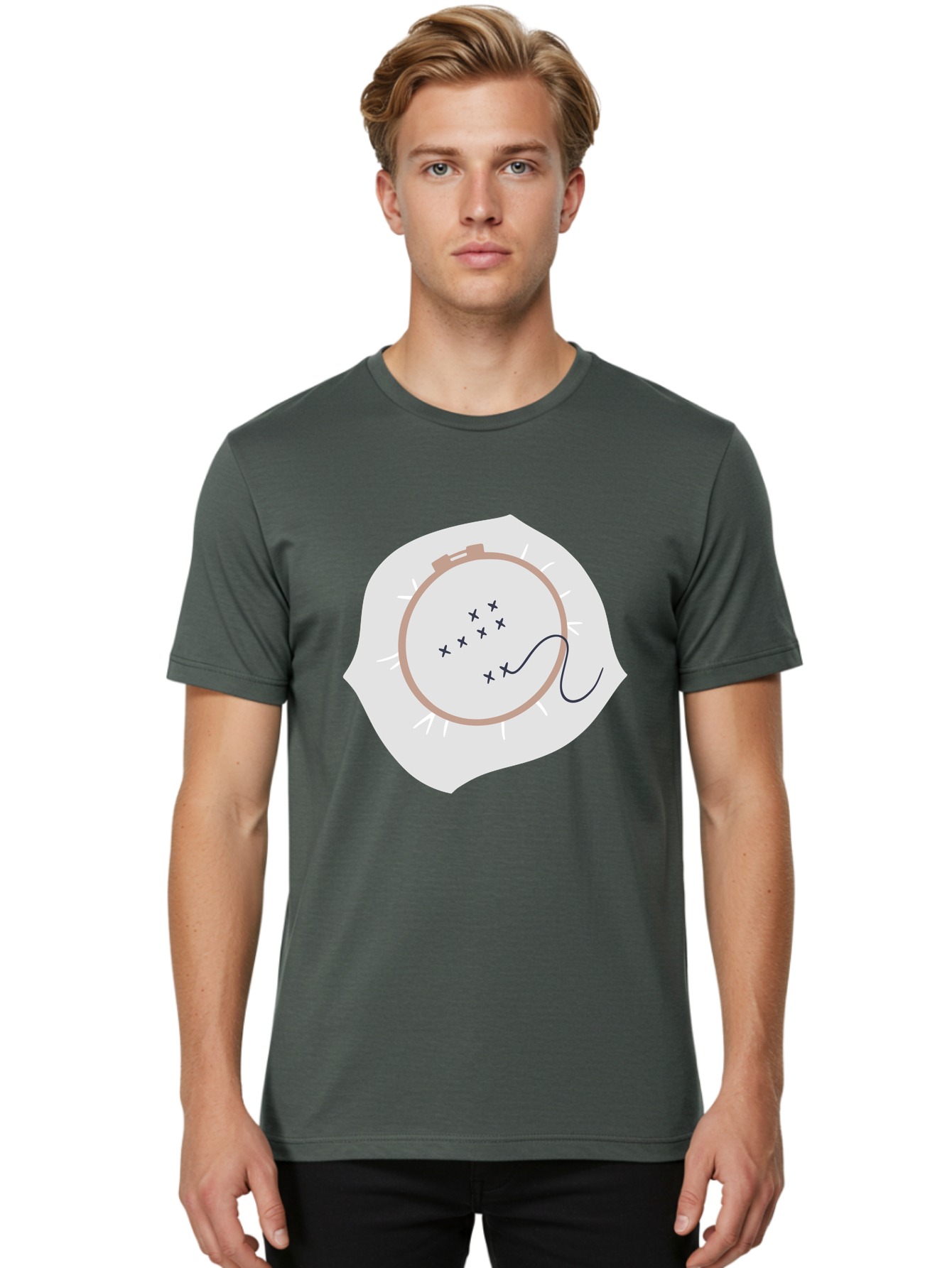 Embroidery-Hoop Men'S Graphic Tee, 100% Cotton, Comfortable Casual Summer Wear, Machine Washable, Embroidery Hoop, Stitching, Needlework, Sewing, Crafting, Diy Project, Handmade, Cross-Stitch Pattern, Thread, Fabric Art Aac027