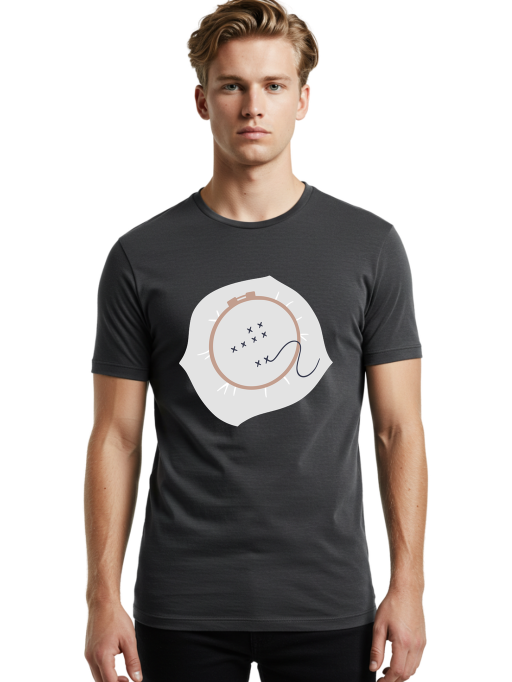 Embroidery-Hoop Men'S Graphic Tee, 100% Cotton, Comfortable Casual Summer Wear, Machine Washable, Embroidery Hoop, Stitching, Needlework, Sewing, Crafting, Diy Project, Handmade, Cross-Stitch Pattern, Thread, Fabric Art Aac027