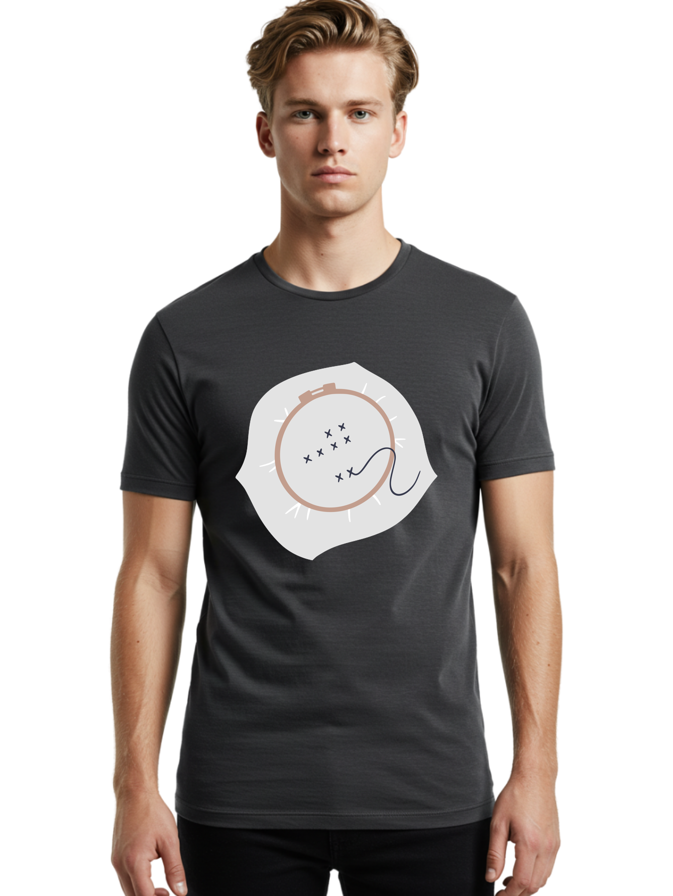 Embroidery-Hoop Men'S Graphic Tee, 100% Cotton, Comfortable Casual Summer Wear, Machine Washable, Embroidery Hoop, Stitching, Needlework, Sewing, Crafting, Diy Project, Handmade, Cross-Stitch Pattern, Thread, Fabric Art Aac027