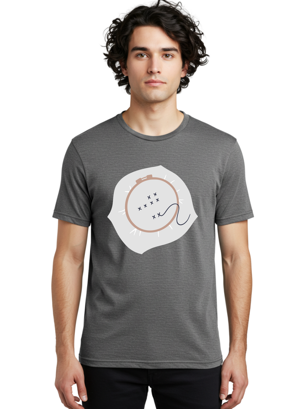 Embroidery-Hoop Men'S Graphic Tee, 100% Cotton, Comfortable Casual Summer Wear, Machine Washable, Embroidery Hoop, Stitching, Needlework, Sewing, Crafting, Diy Project, Handmade, Cross-Stitch Pattern, Thread, Fabric Art Aac027