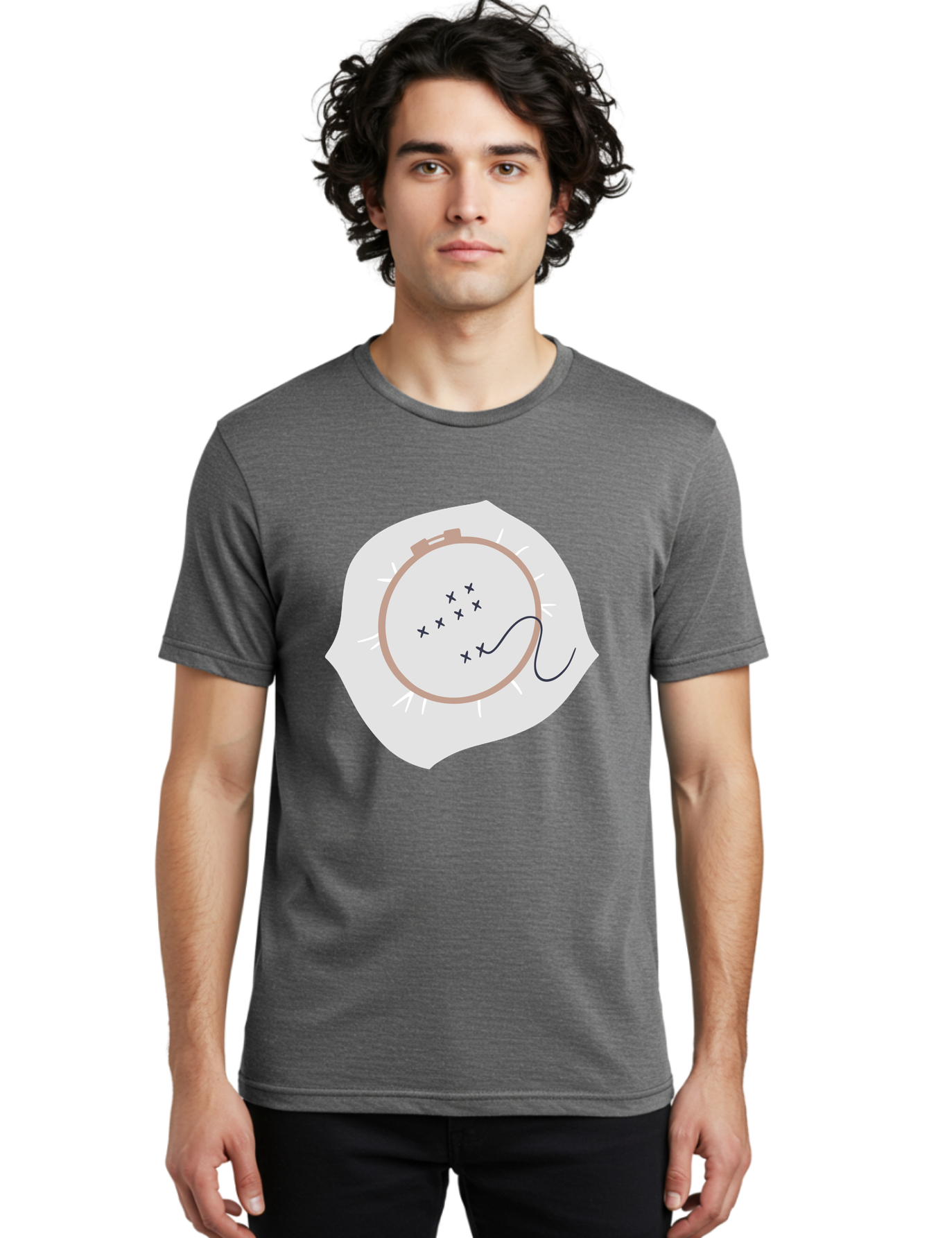 Embroidery-Hoop Men'S Graphic Tee, 100% Cotton, Comfortable Casual Summer Wear, Machine Washable, Embroidery Hoop, Stitching, Needlework, Sewing, Crafting, Diy Project, Handmade, Cross-Stitch Pattern, Thread, Fabric Art Aac027