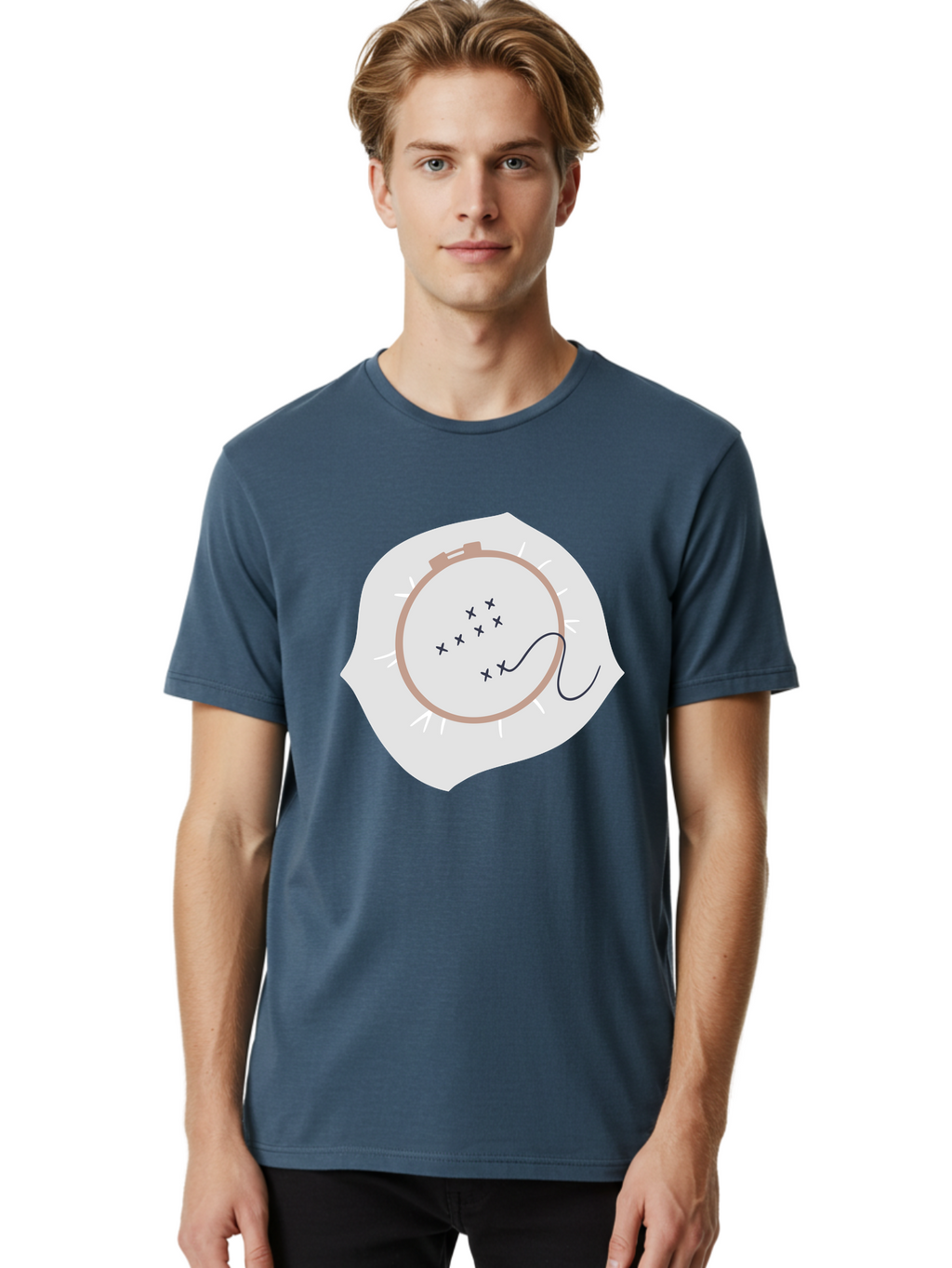 Embroidery-Hoop Men'S Graphic Tee, 100% Cotton, Comfortable Casual Summer Wear, Machine Washable, Embroidery Hoop, Stitching, Needlework, Sewing, Crafting, Diy Project, Handmade, Cross-Stitch Pattern, Thread, Fabric Art Aac027