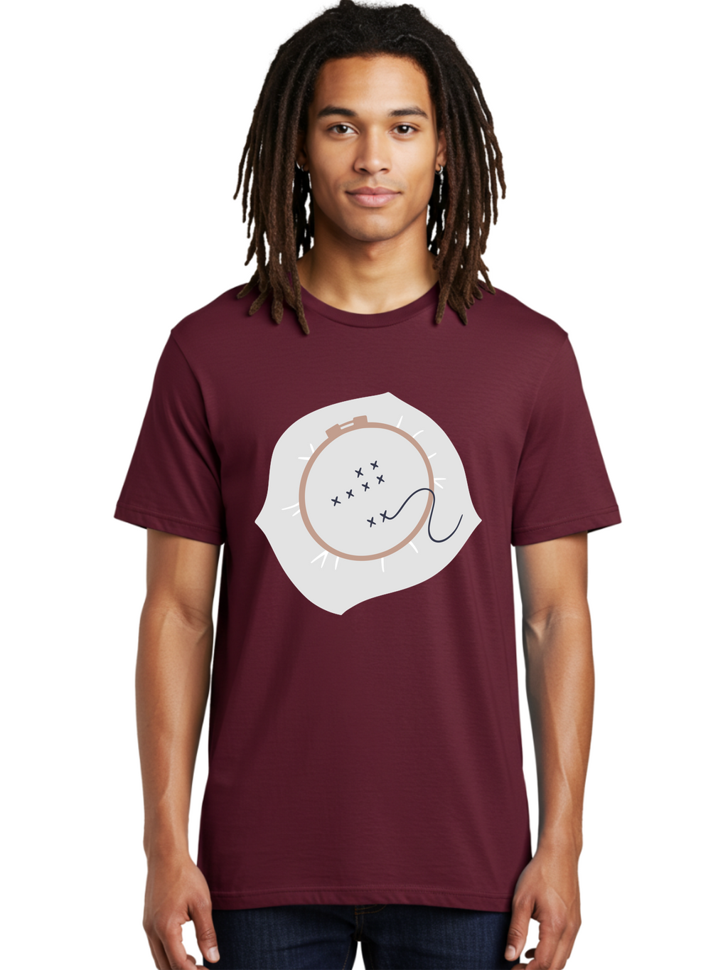 Embroidery-Hoop Men'S Graphic Tee, 100% Cotton, Comfortable Casual Summer Wear, Machine Washable, Embroidery Hoop, Stitching, Needlework, Sewing, Crafting, Diy Project, Handmade, Cross-Stitch Pattern, Thread, Fabric Art Aac027