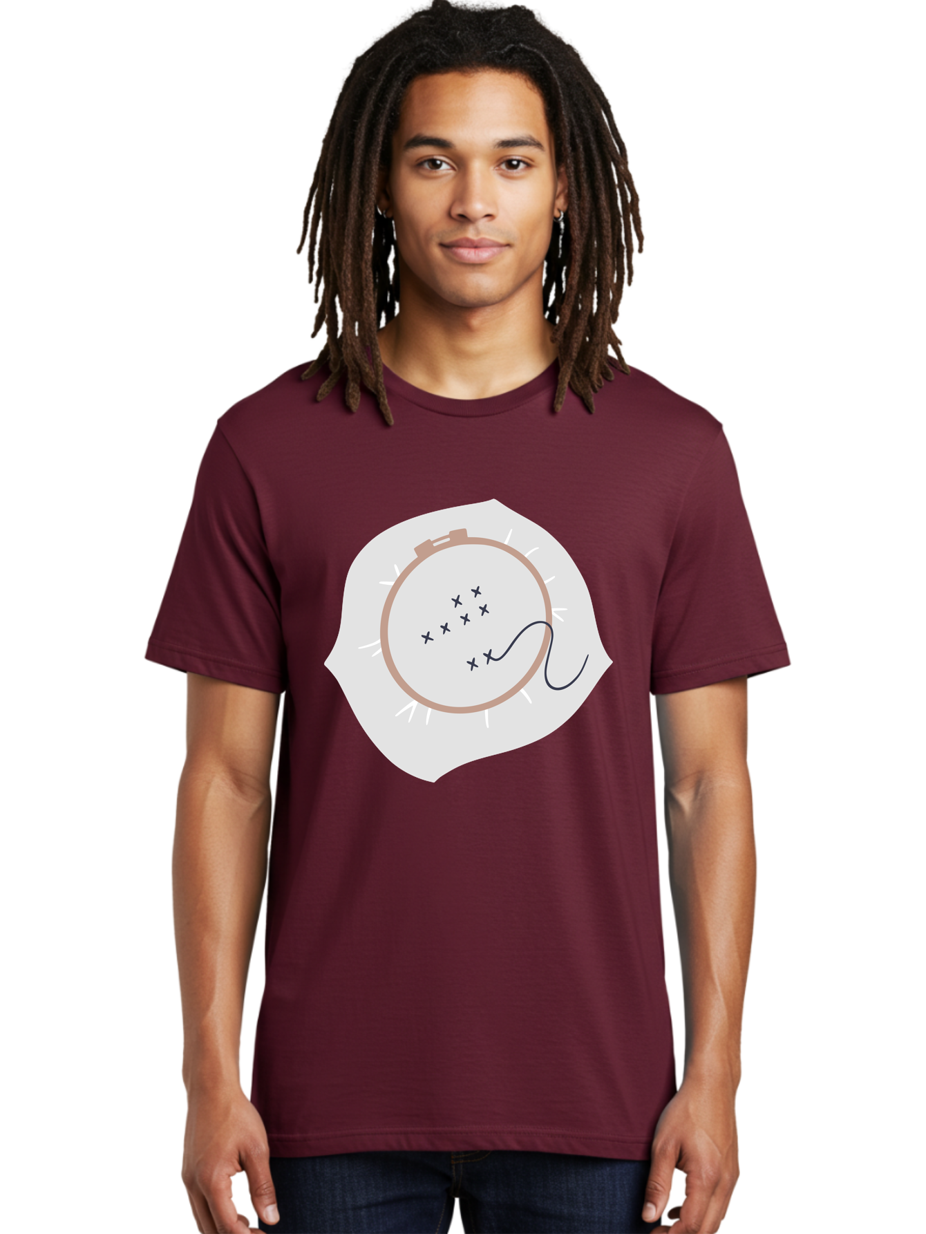 Embroidery-Hoop Men'S Graphic Tee, 100% Cotton, Comfortable Casual Summer Wear, Machine Washable, Embroidery Hoop, Stitching, Needlework, Sewing, Crafting, Diy Project, Handmade, Cross-Stitch Pattern, Thread, Fabric Art Aac027