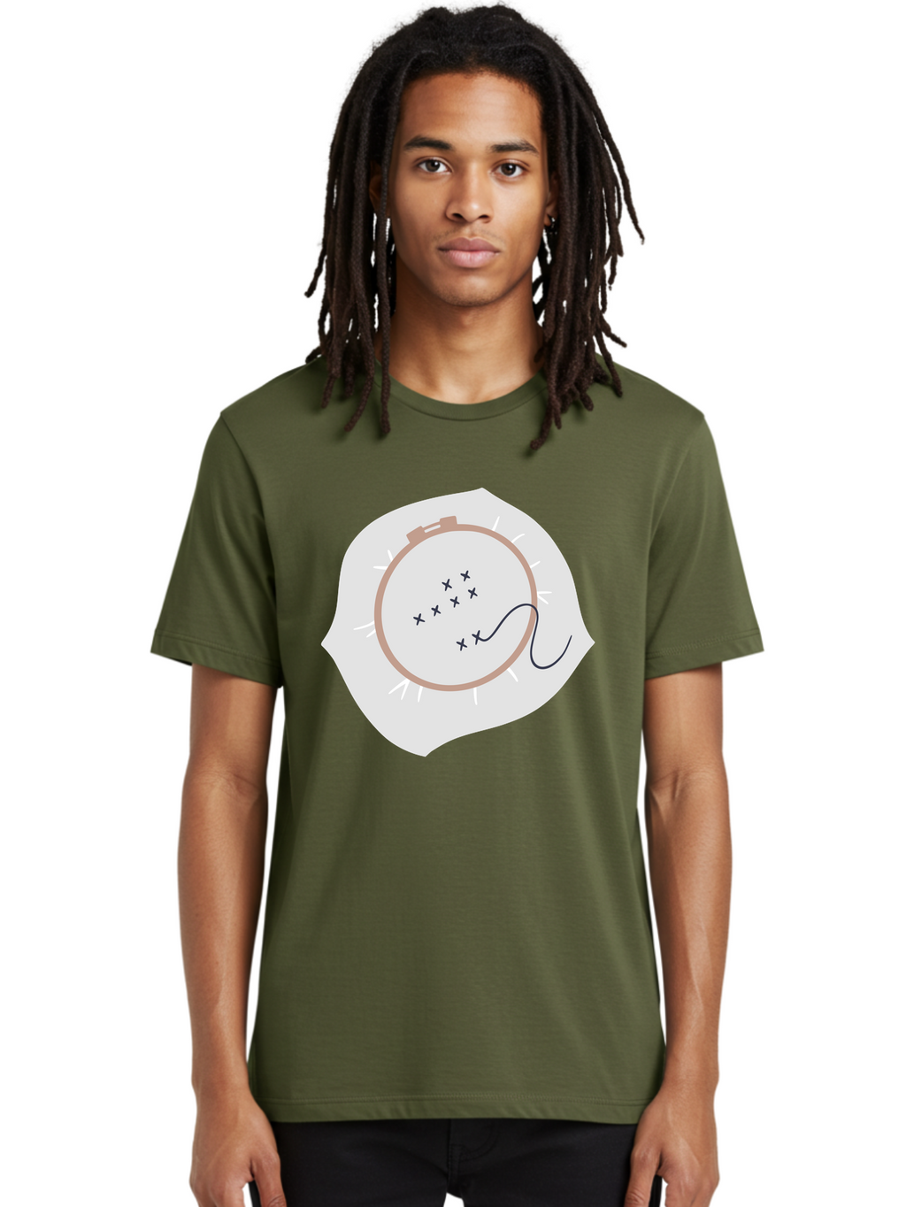 Embroidery-Hoop Men'S Graphic Tee, 100% Cotton, Comfortable Casual Summer Wear, Machine Washable, Embroidery Hoop, Stitching, Needlework, Sewing, Crafting, Diy Project, Handmade, Cross-Stitch Pattern, Thread, Fabric Art Aac027