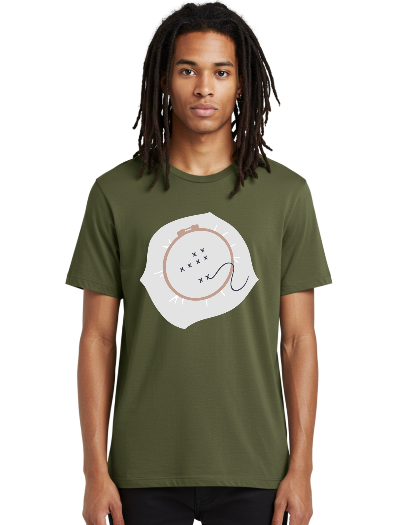 Embroidery-Hoop Men'S Graphic Tee, 100% Cotton, Comfortable Casual Summer Wear, Machine Washable, Embroidery Hoop, Stitching, Needlework, Sewing, Crafting, Diy Project, Handmade, Cross-Stitch Pattern, Thread, Fabric Art Aac027