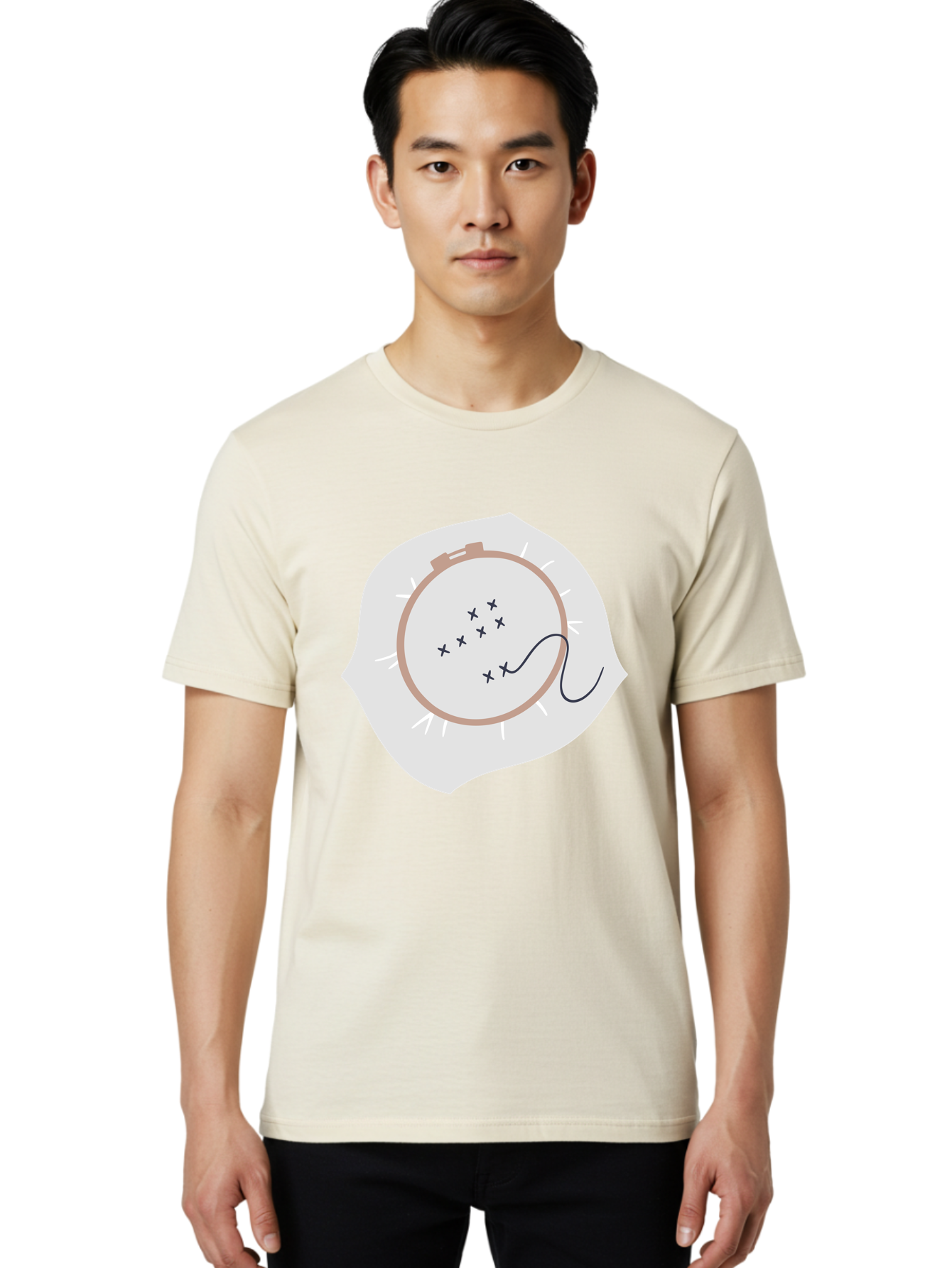 Embroidery-Hoop Men'S Graphic Tee, 100% Cotton, Comfortable Casual Summer Wear, Machine Washable, Embroidery Hoop, Stitching, Needlework, Sewing, Crafting, Diy Project, Handmade, Cross-Stitch Pattern, Thread, Fabric Art Aac027