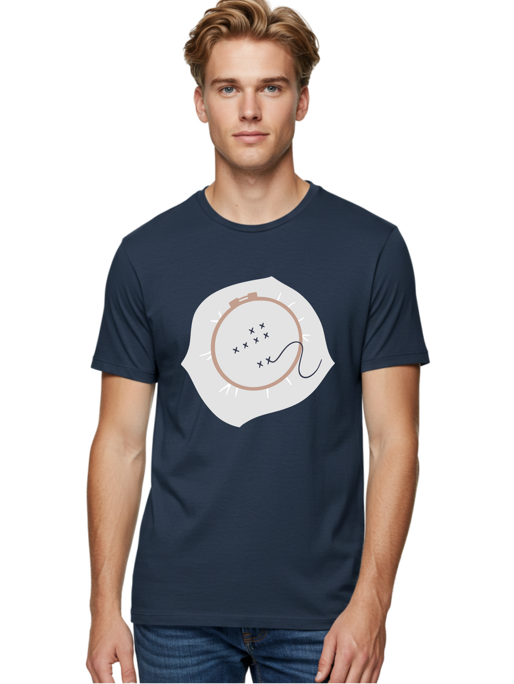 Embroidery-Hoop Men'S Graphic Tee, 100% Cotton, Comfortable Casual Summer Wear, Machine Washable, Embroidery Hoop, Stitching, Needlework, Sewing, Crafting, Diy Project, Handmade, Cross-Stitch Pattern, Thread, Fabric Art Aac027