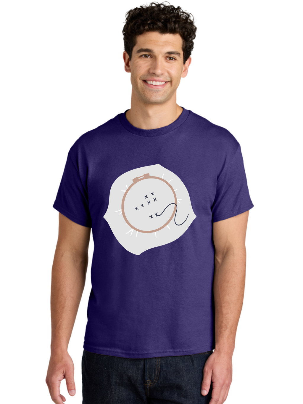 Embroidery-Hoop Men'S Graphic Tee, 100% Cotton, Comfortable Casual Summer Wear, Machine Washable, Embroidery Hoop, Stitching, Needlework, Sewing, Crafting, Diy Project, Handmade, Cross-Stitch Pattern, Thread, Fabric Art Aac027