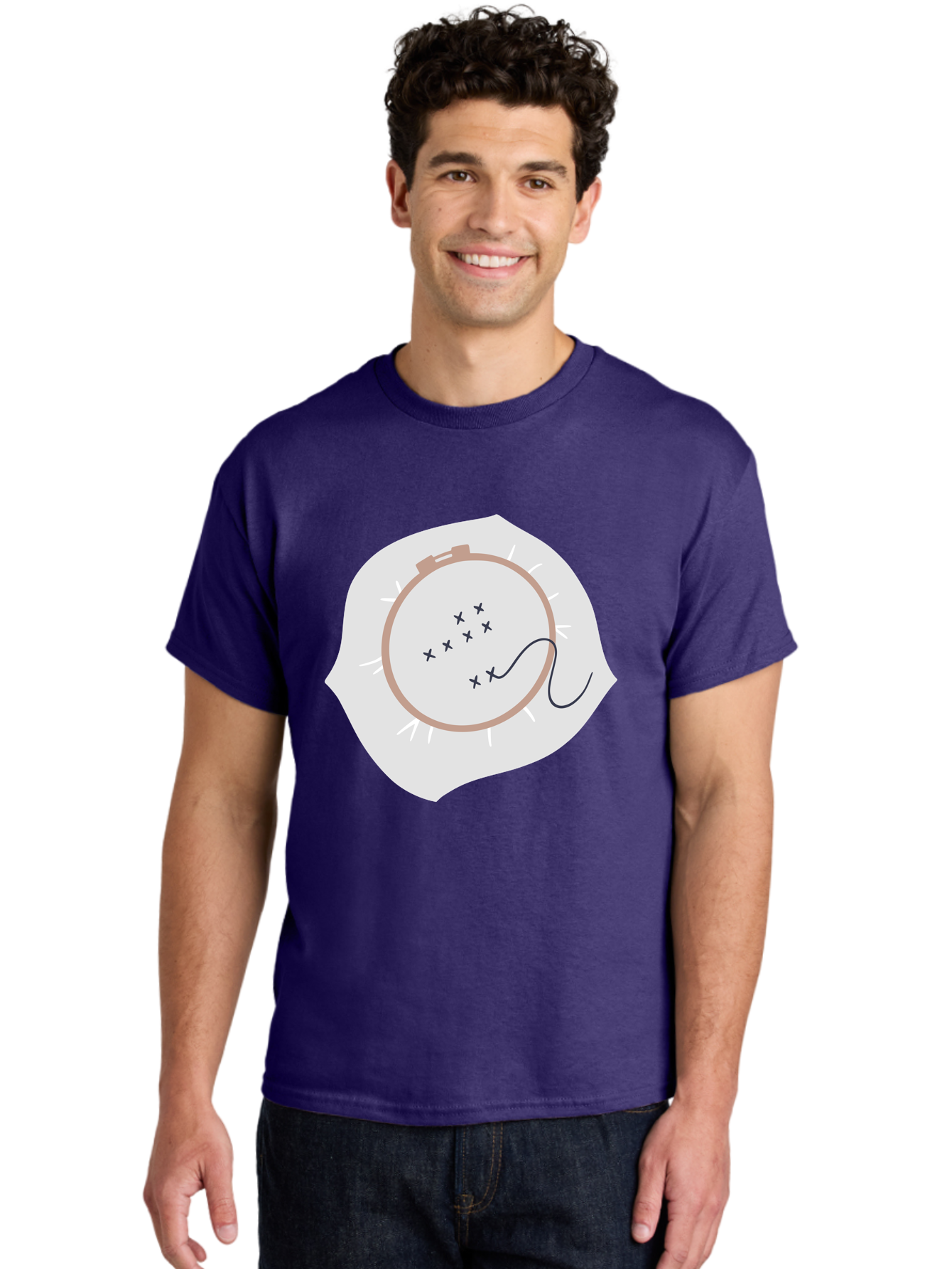 Embroidery-Hoop Men'S Graphic Tee, 100% Cotton, Comfortable Casual Summer Wear, Machine Washable, Embroidery Hoop, Stitching, Needlework, Sewing, Crafting, Diy Project, Handmade, Cross-Stitch Pattern, Thread, Fabric Art Aac027