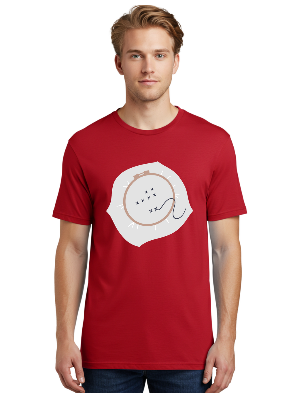 Embroidery-Hoop Men'S Graphic Tee, 100% Cotton, Comfortable Casual Summer Wear, Machine Washable, Embroidery Hoop, Stitching, Needlework, Sewing, Crafting, Diy Project, Handmade, Cross-Stitch Pattern, Thread, Fabric Art Aac027