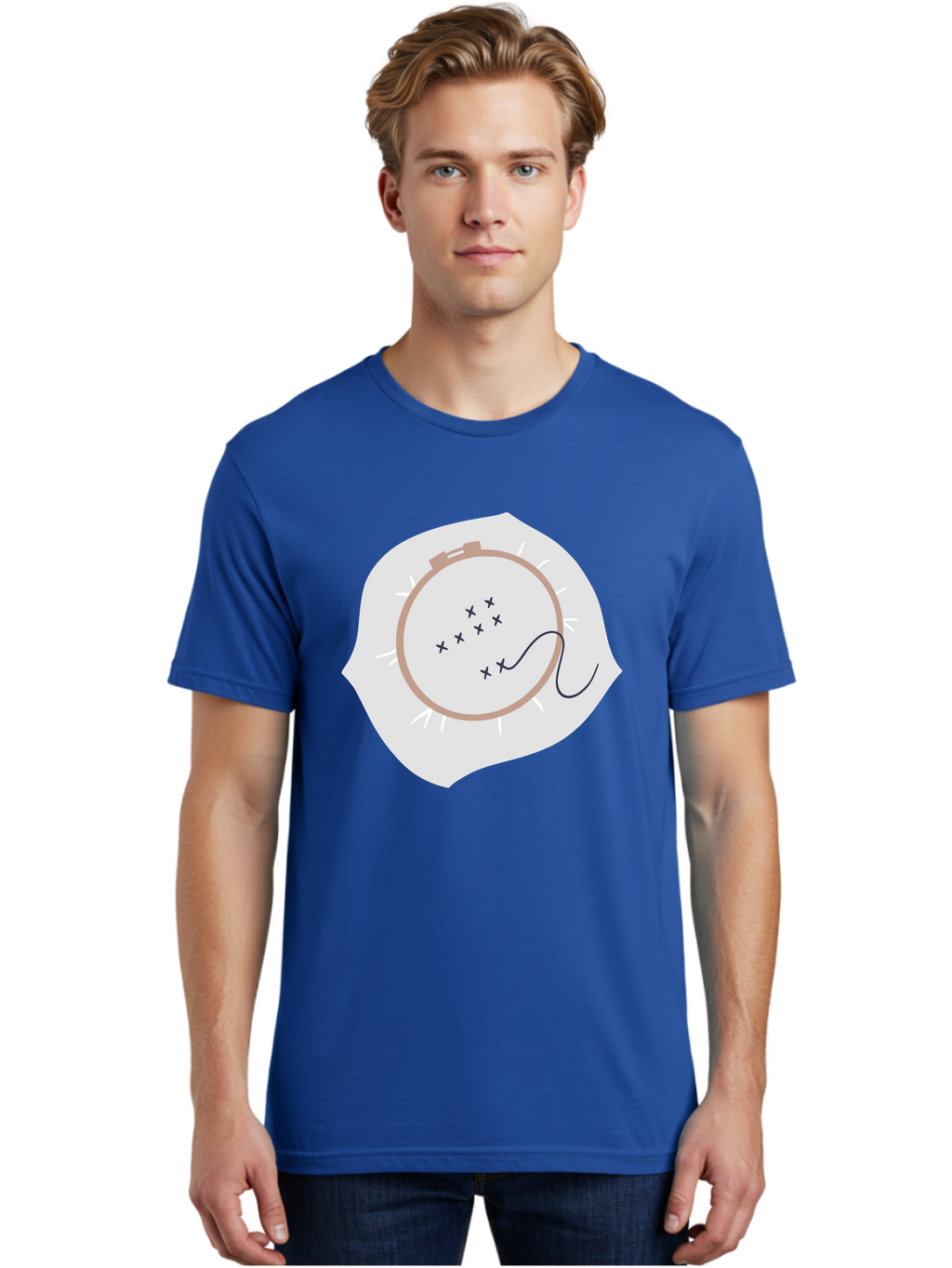 Embroidery-Hoop Men'S Graphic Tee, 100% Cotton, Comfortable Casual Summer Wear, Machine Washable, Embroidery Hoop, Stitching, Needlework, Sewing, Crafting, Diy Project, Handmade, Cross-Stitch Pattern, Thread, Fabric Art Aac027